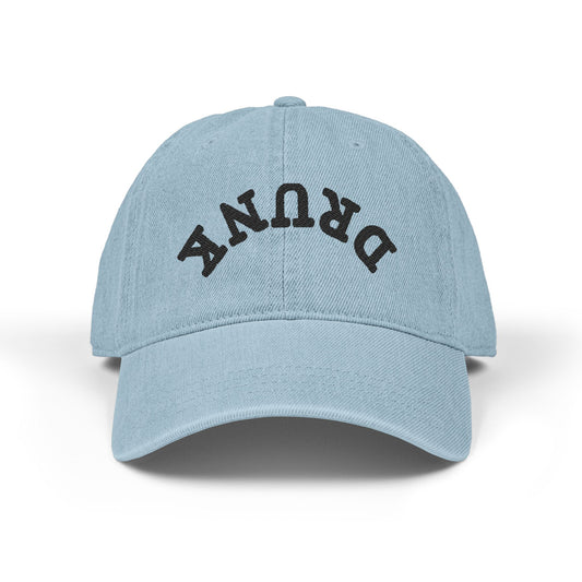 Drunk Embroidered Denim Hat – Distressed Black Baseball Cap Hats Printify One size Light Blue