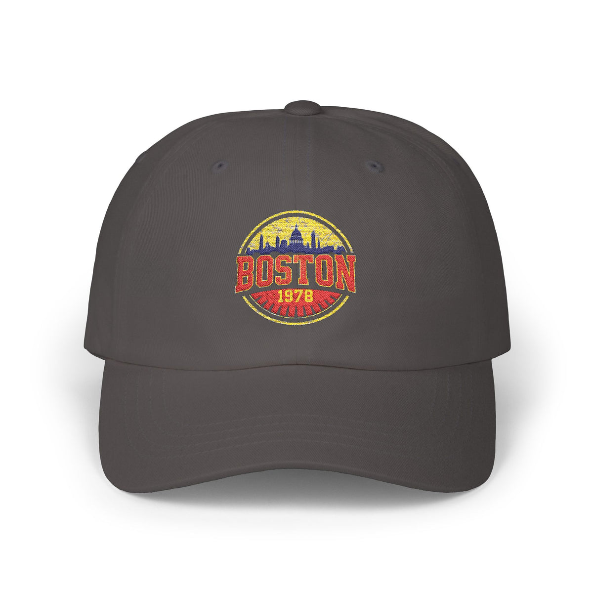 Boston Vintage Dad Cap – Retro Skyline Embroidered Baseball Hat Hats Printify Dark Grey One size