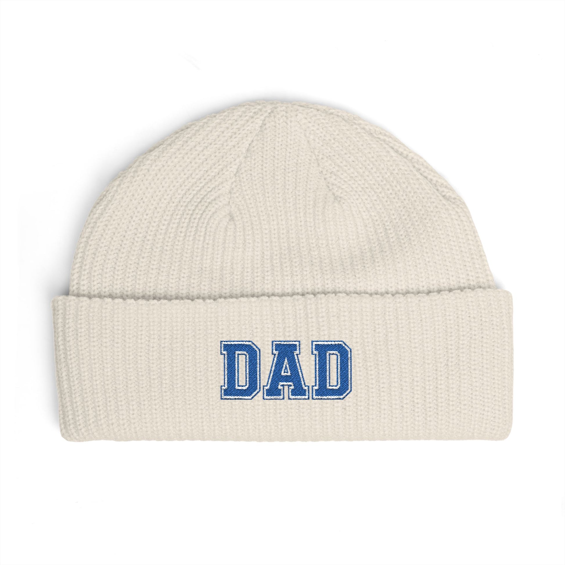Dad Cuff Beanie — Embroidered Varsity Logo Knit Hat for Fathers, Gift for Dad Hats Printify One size Ecru