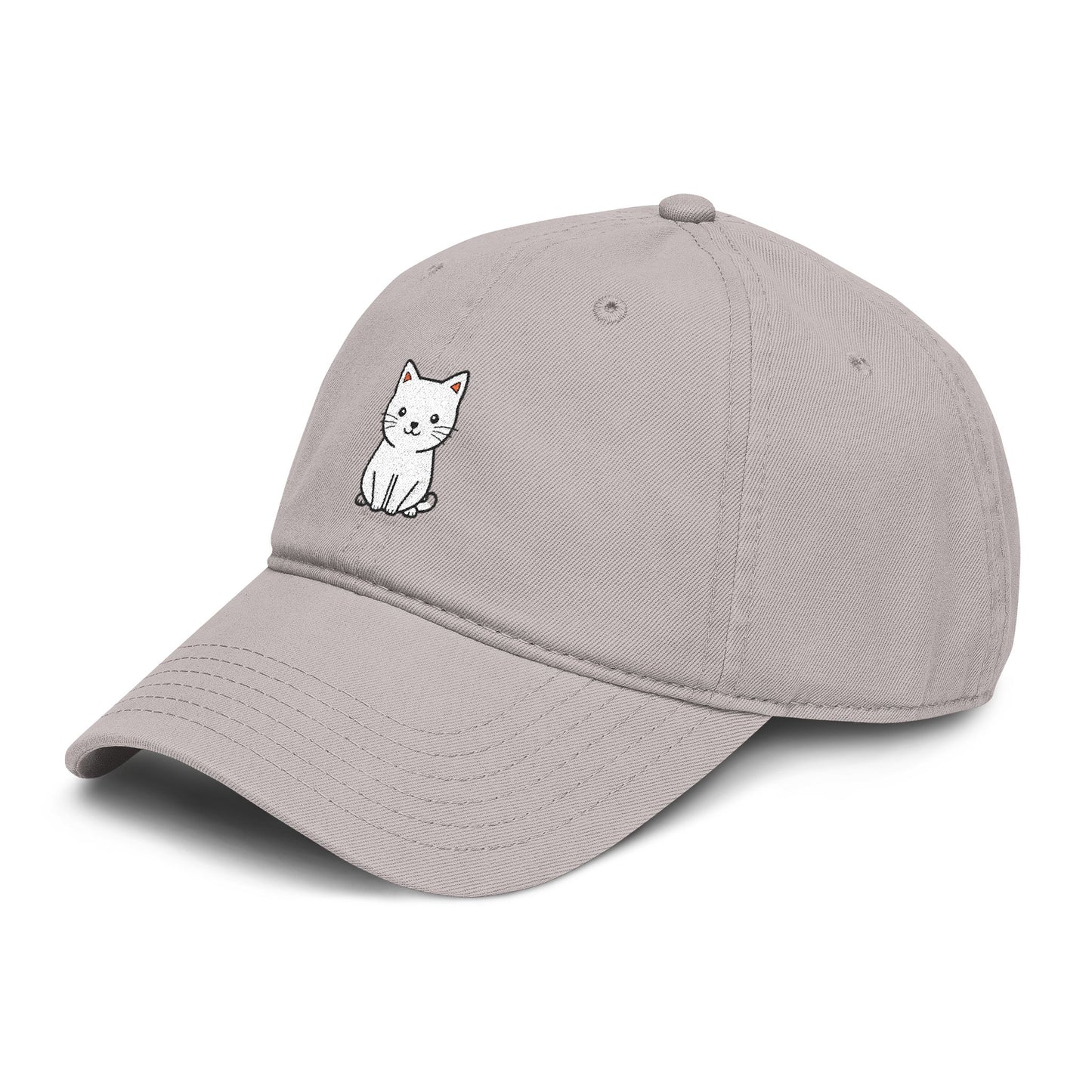 Washed Baseball Cap — Cute White Sitting Cat Embroidered Hat Hats Printify