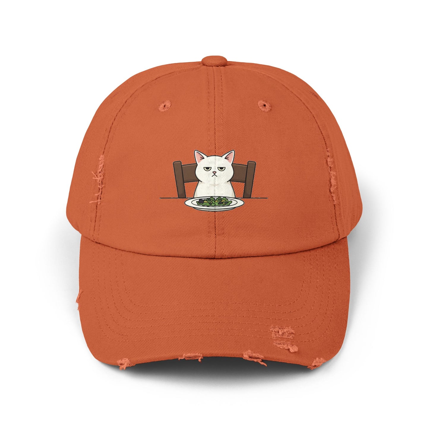 Distressed Cat At Dinner Cap — Cute White Cat Sitting at Table Baseball Hat Hats Printify Burnt Orange One size