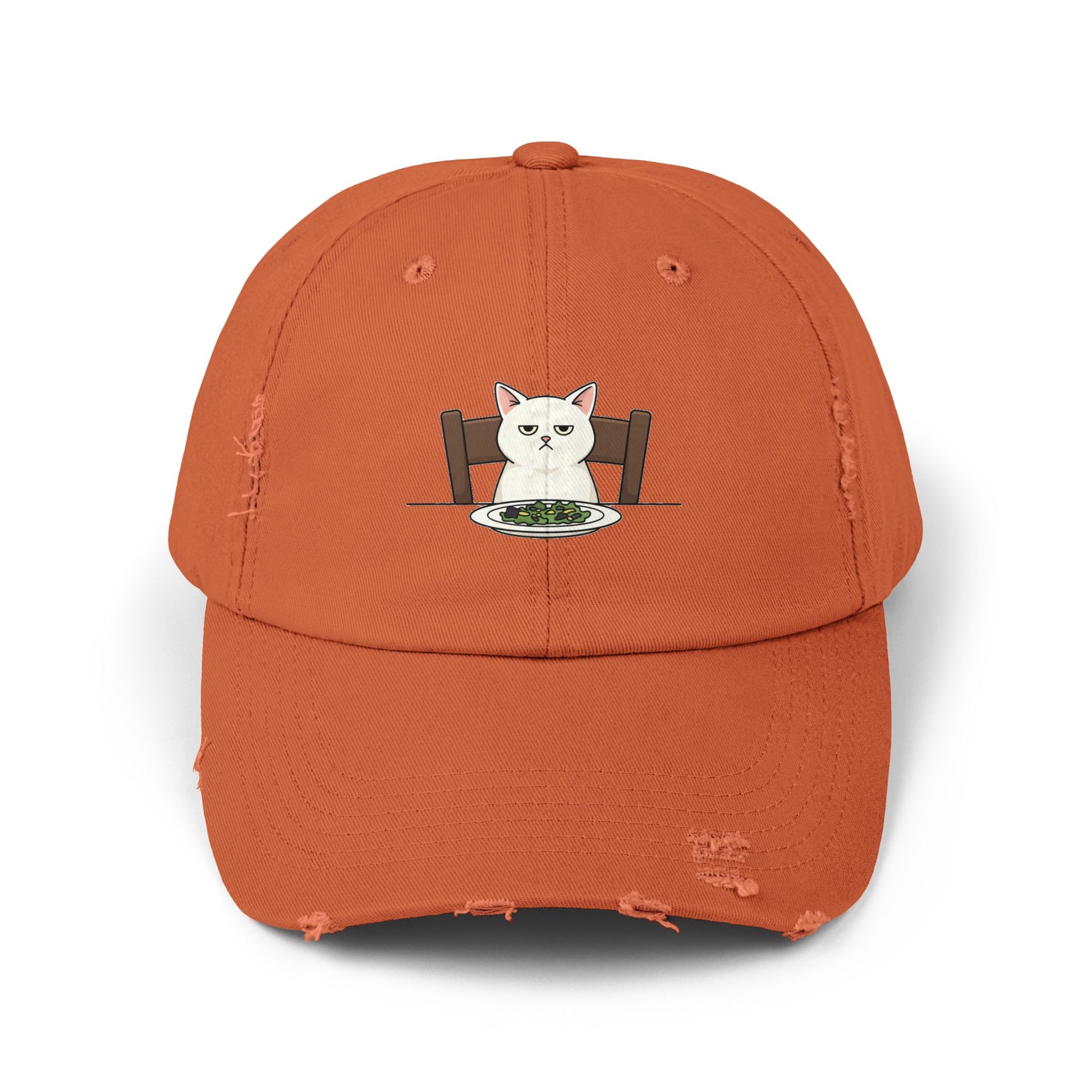 Distressed Cat At Dinner Cap — Cute White Cat Sitting at Table Baseball Hat Hats Printify Burnt Orange One size