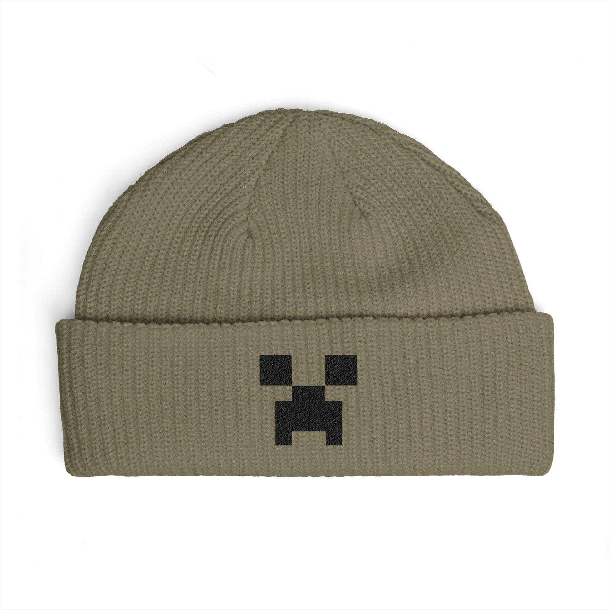 Pixel Creeper Face Cuff Beanie | Gaming Minecraft Inspired Knit Hat Hats Printify One size Eucalyptus