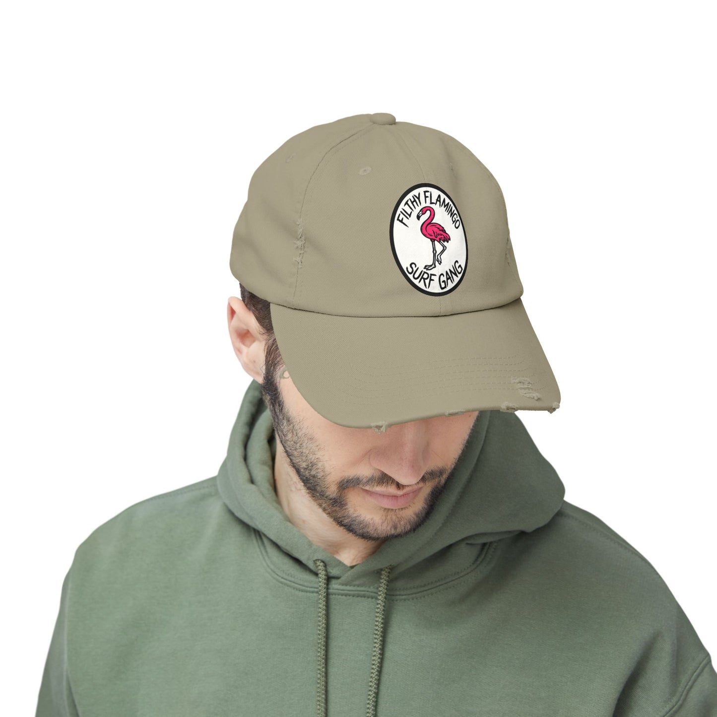 Distressed Surf Cap — "Filthy Flamingo Surf Gang" Embroidered Patch Hat