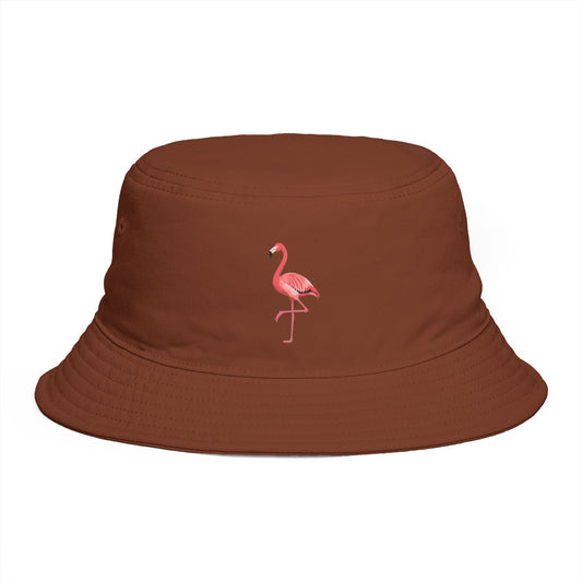 Flamingo Embroidered Bucket Hat — Brown Tropical Summer Sun Hat Hats Printify