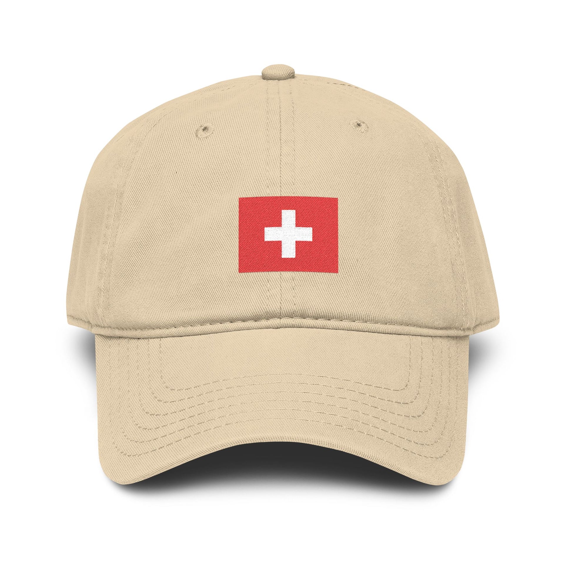 Swiss Cross Washed Baseball Cap - Embroidered Red Flag Logo Hats Printify One size Khaki