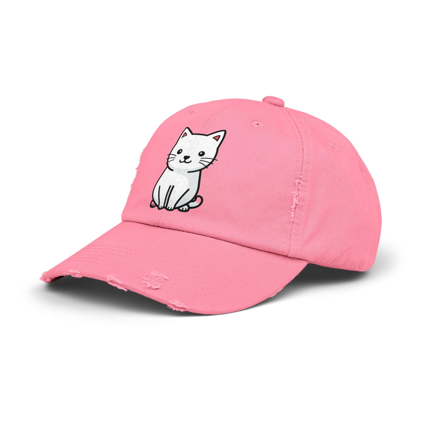 Distressed Black Cap with Cute White Cat Graphic