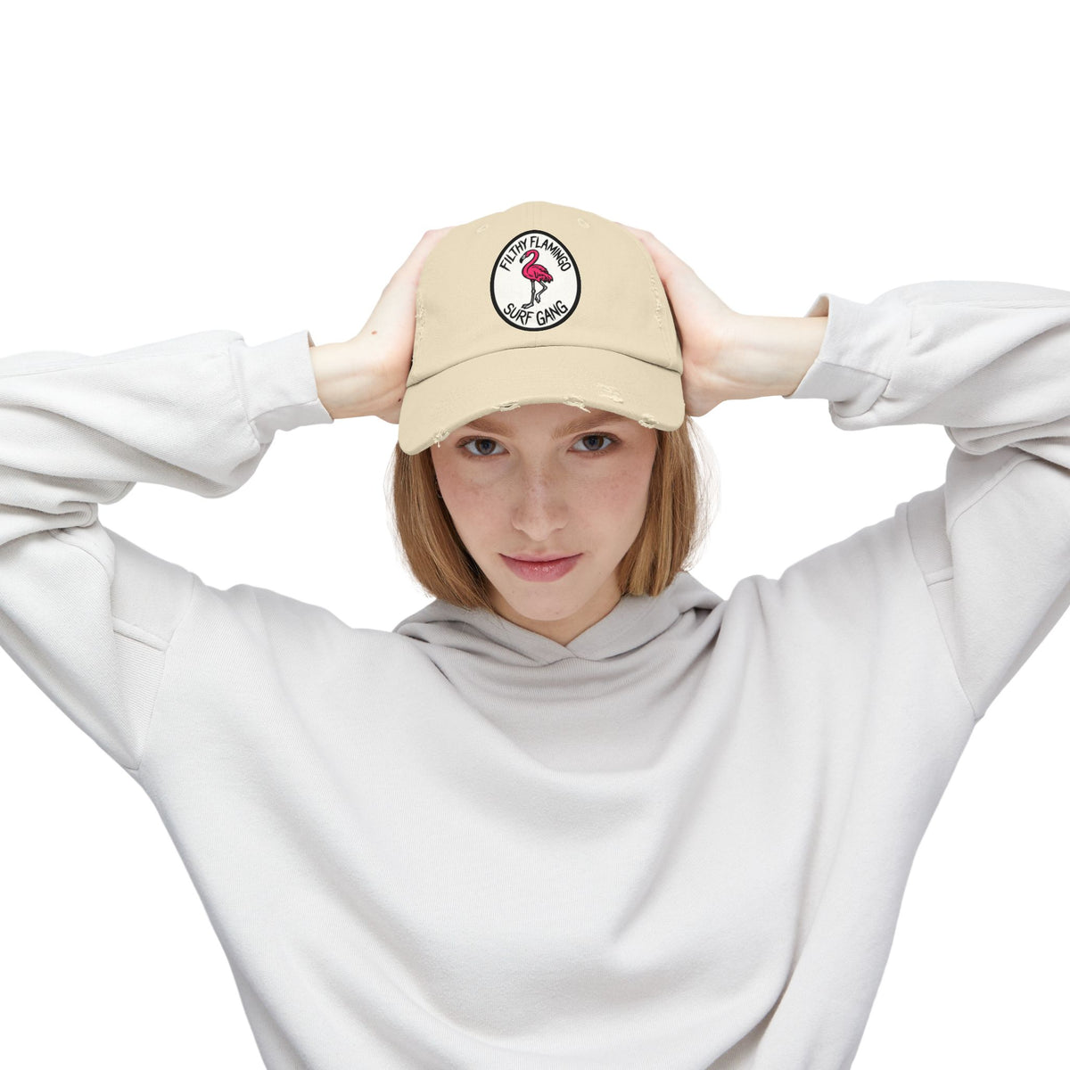 Distressed Surf Cap — "Filthy Flamingo Surf Gang" Embroidered Patch Hat