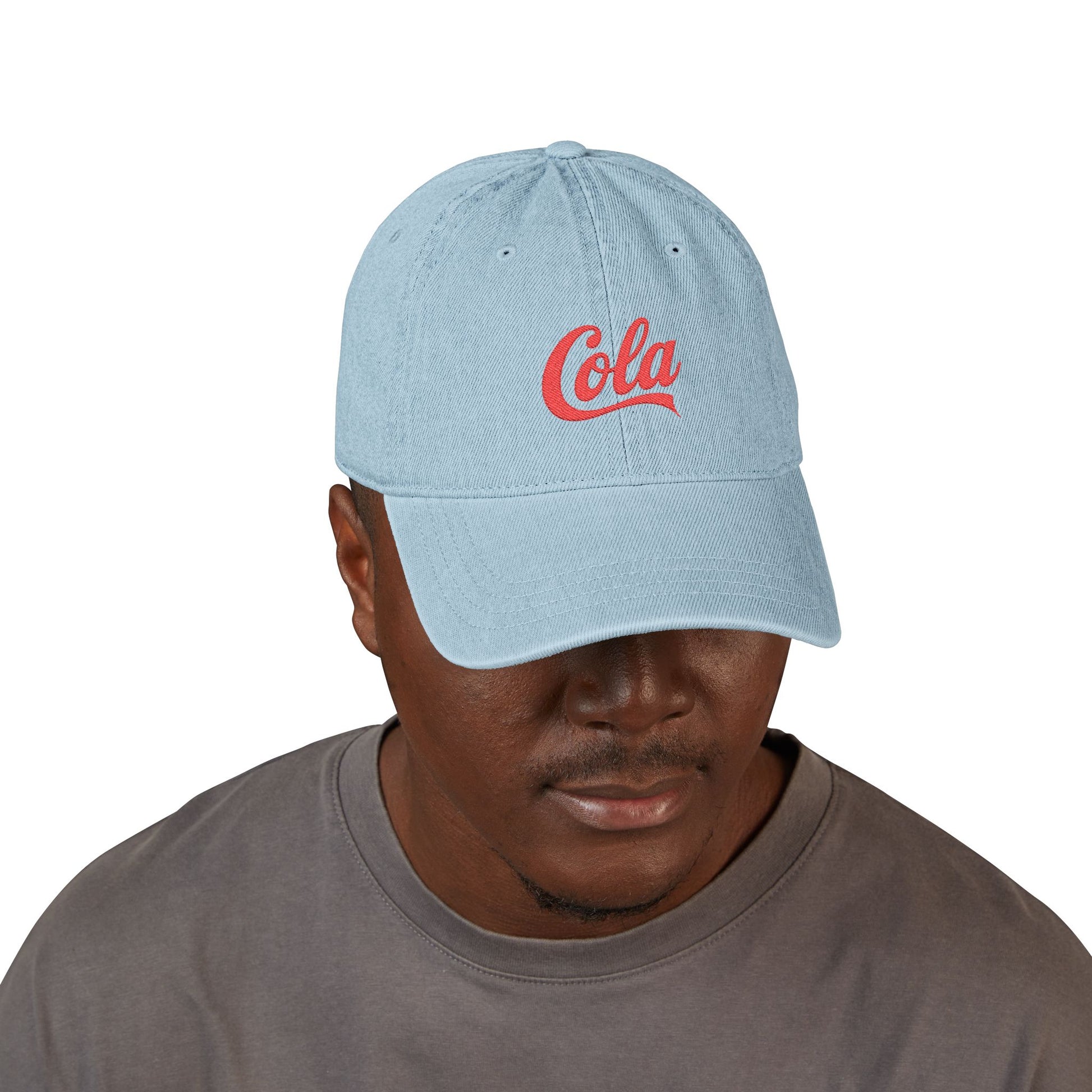 Embroidered 'Cola' Denim Hat – Vintage Script Baseball Cap Hats Printify