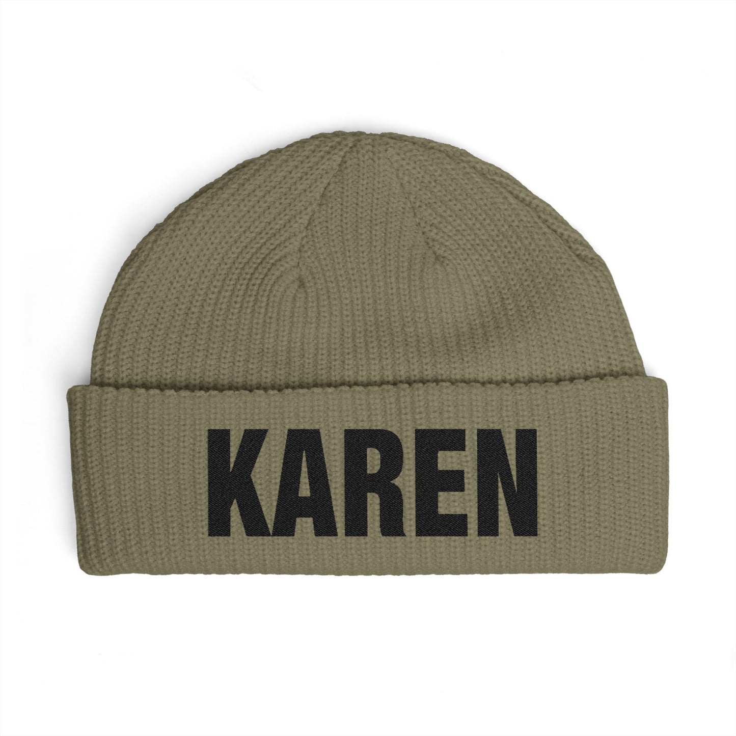 Cuff Beanie — Bold "KAREN" Embroidered Knit Hat Hats Printify One size Eucalyptus