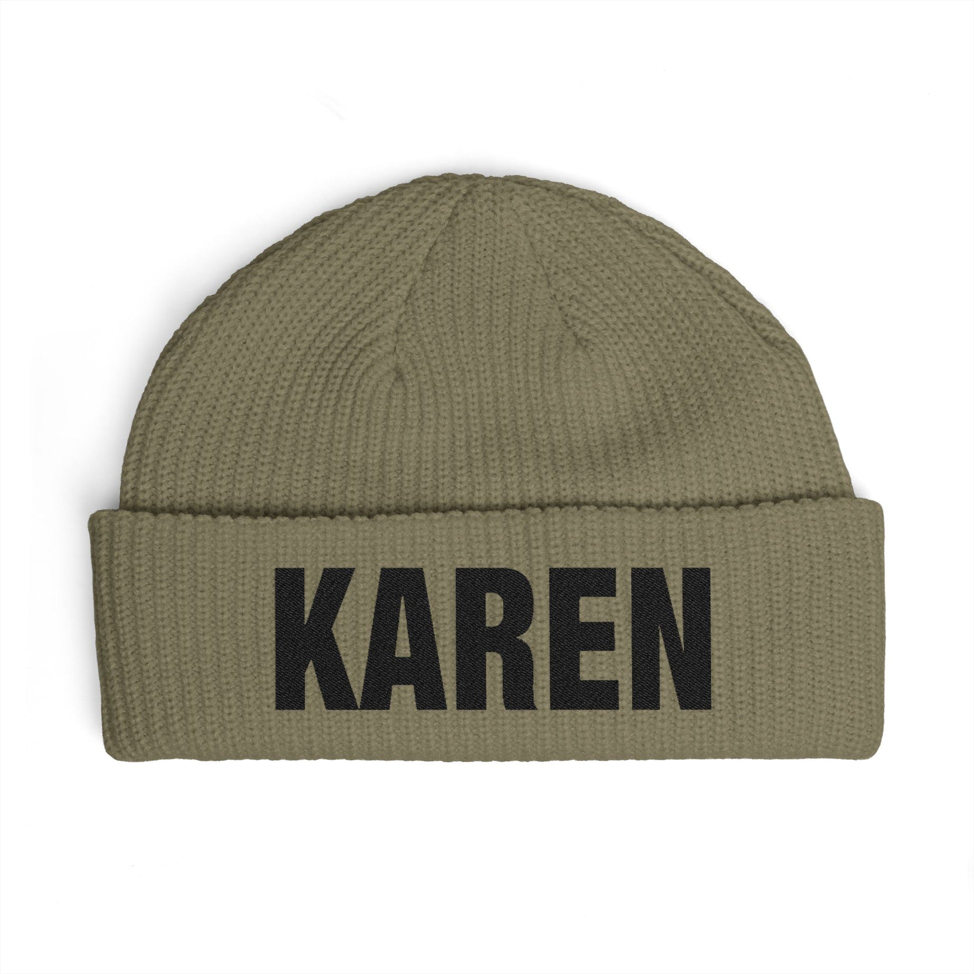 Cuff Beanie — Bold "KAREN" Embroidered Knit Hat Hats Printify One size Eucalyptus