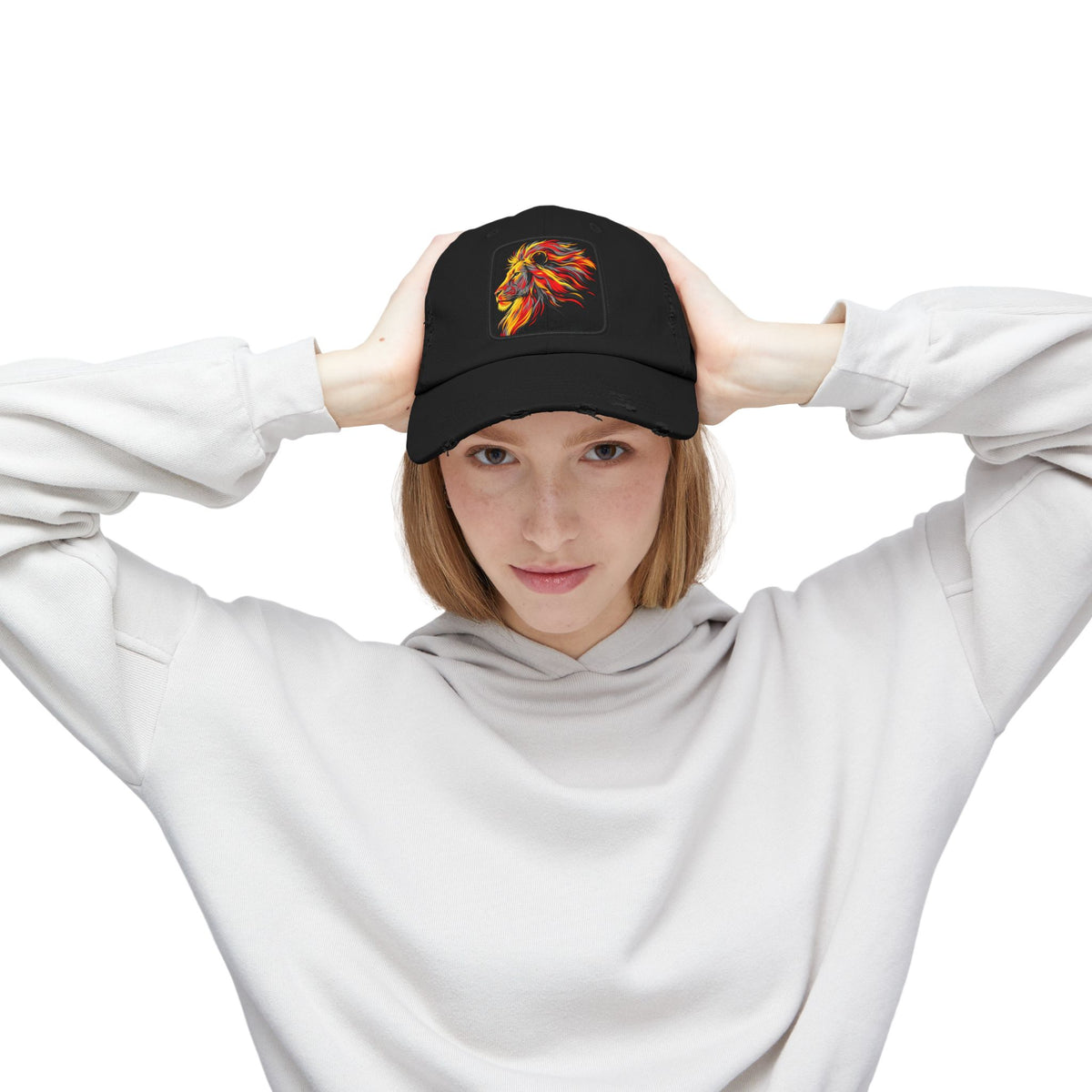 Distressed Cap — Vibrant Flame Lion Embroidered Baseball Hat Hats Printify