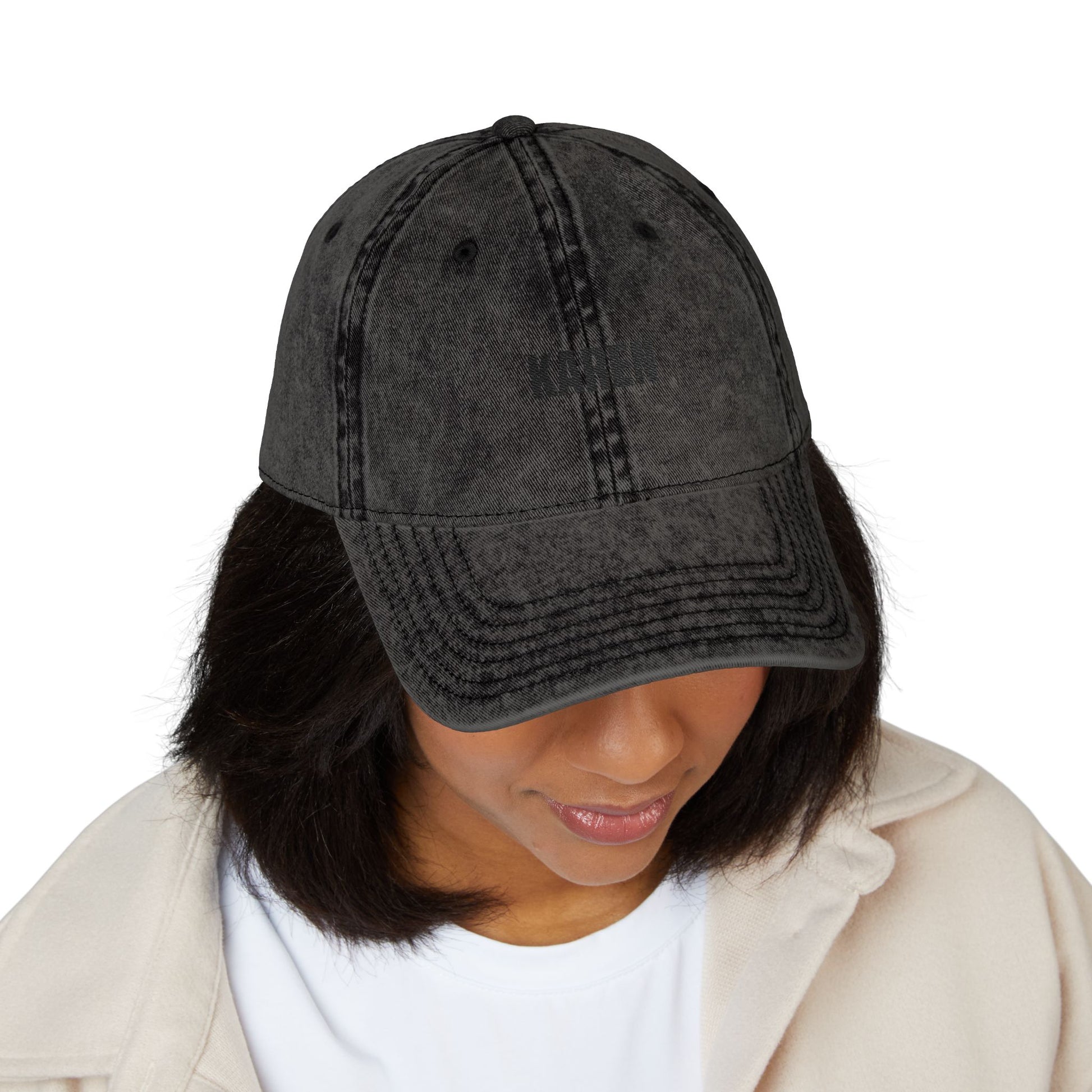 Embroidered 'KAREN' Vintage Baseball Cap - Distressed Red Dad Hat Hats Printify