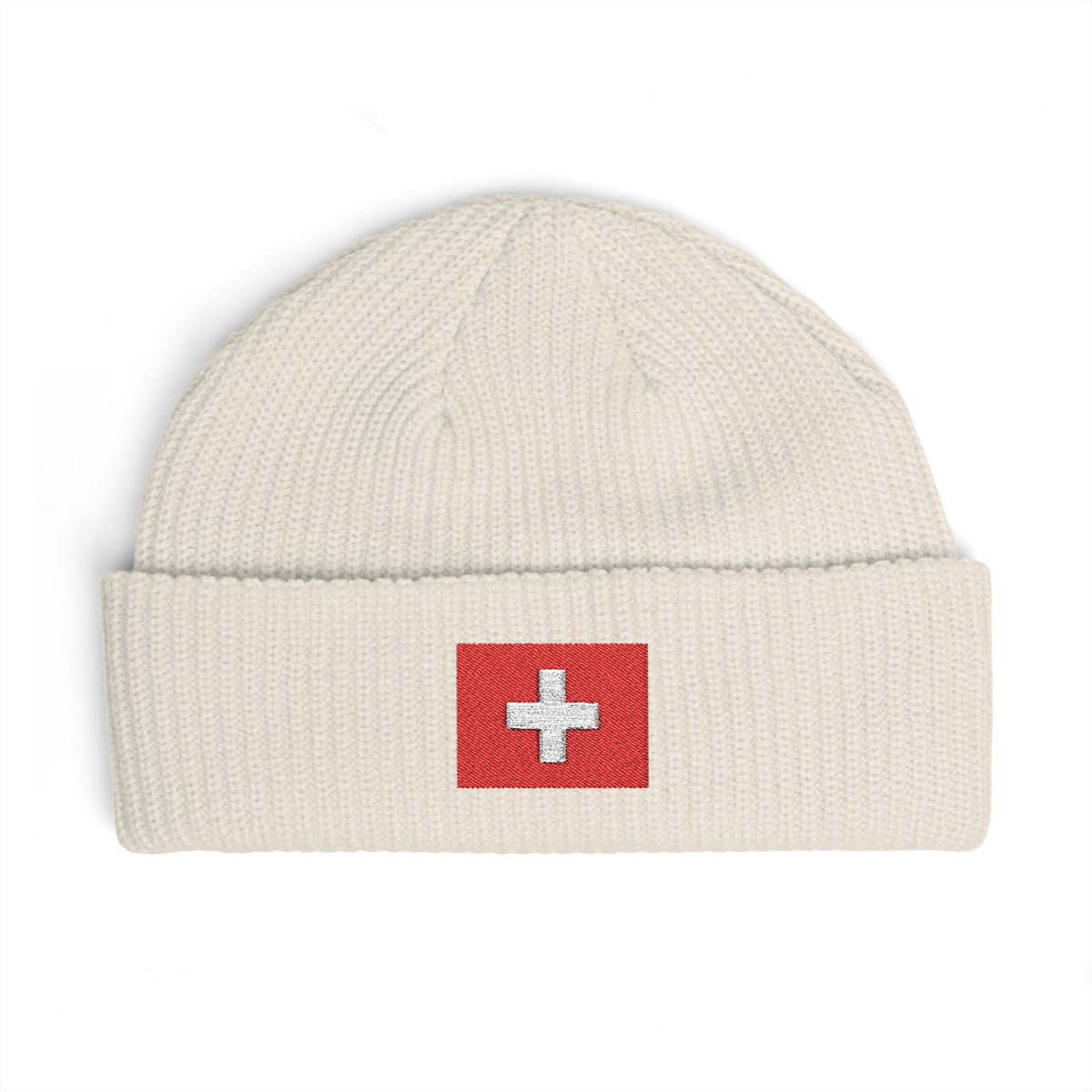 Swiss Cross Cuff Beanie — Embroidered Red Flag Patch Winter Hat Hats Printify One size Ecru