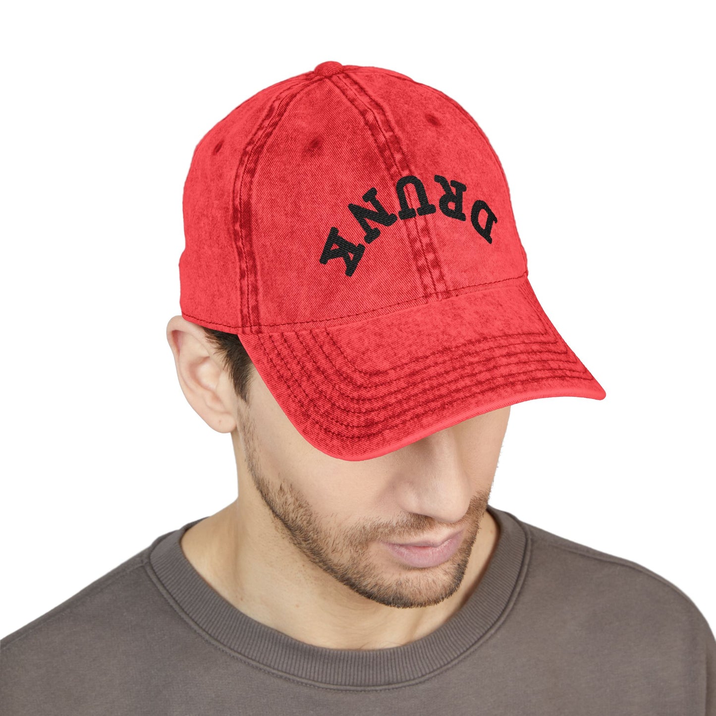Embroidered Vintage 'DRUNK' Distressed Baseball Cap — Retro Red Cotton Hat