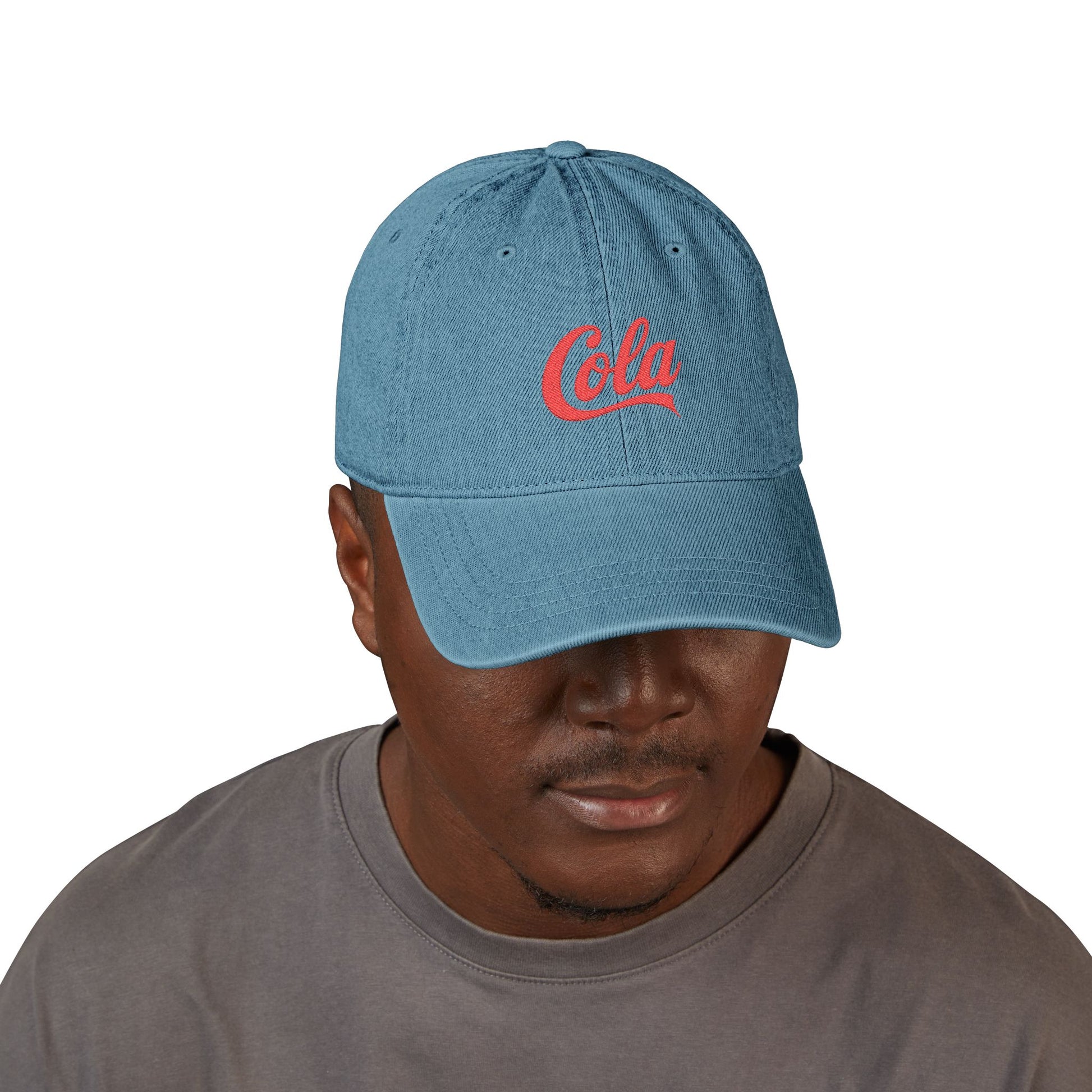 Embroidered 'Cola' Denim Hat – Vintage Script Baseball Cap Hats Printify