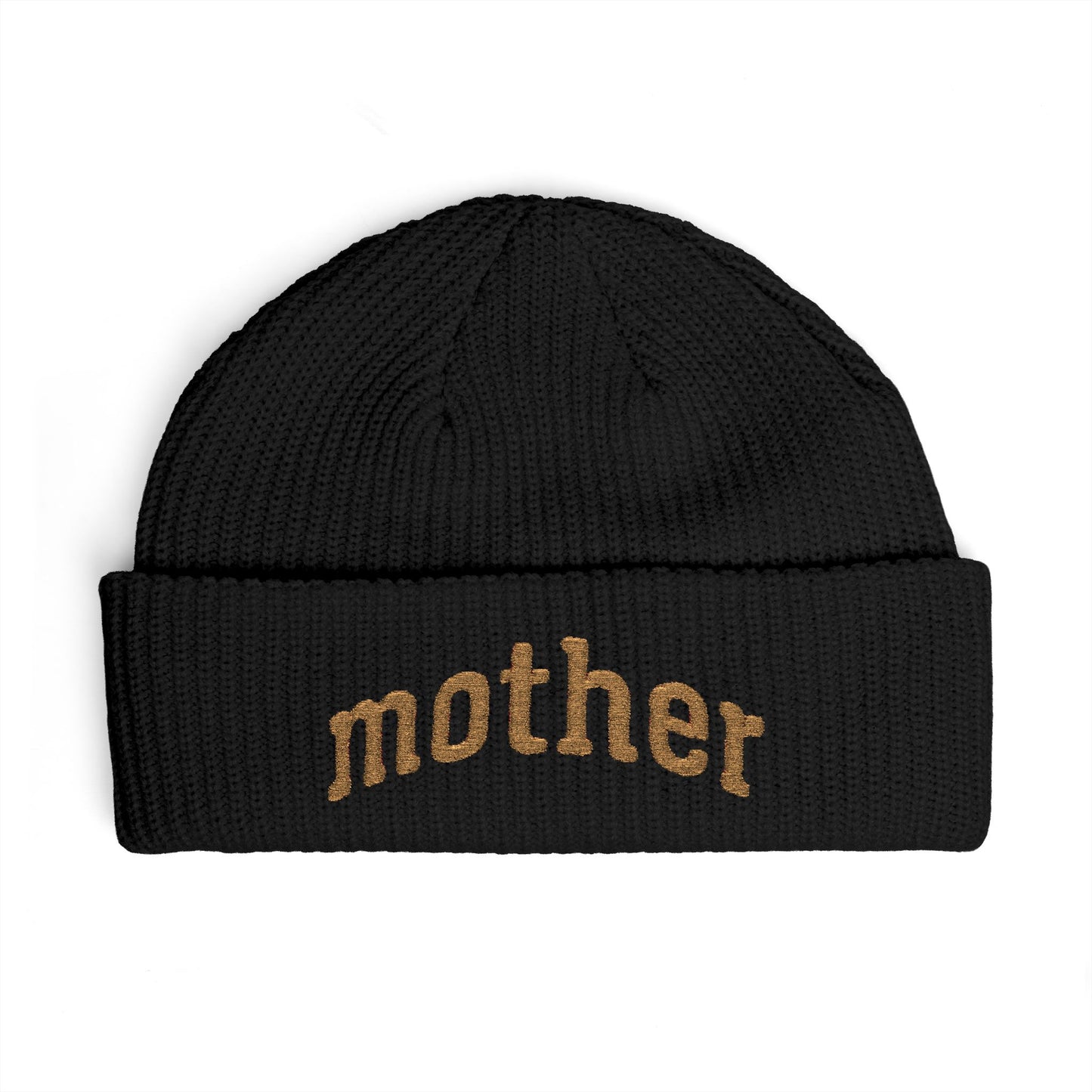 Mother Cuff Beanie — Gold Glitter Embroidered Knit Hat for Moms
