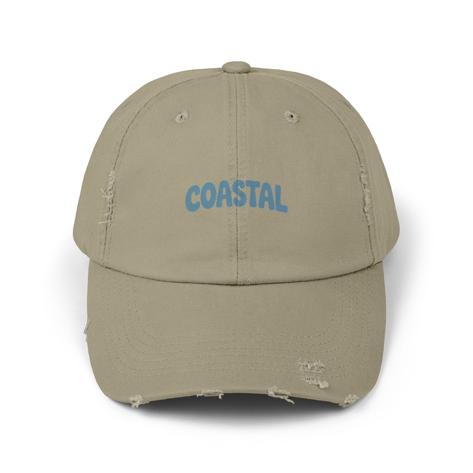 Coastal Distressed Baseball Cap — Vintage Ocean Graphic Hat Hats Printify Light Olive One size