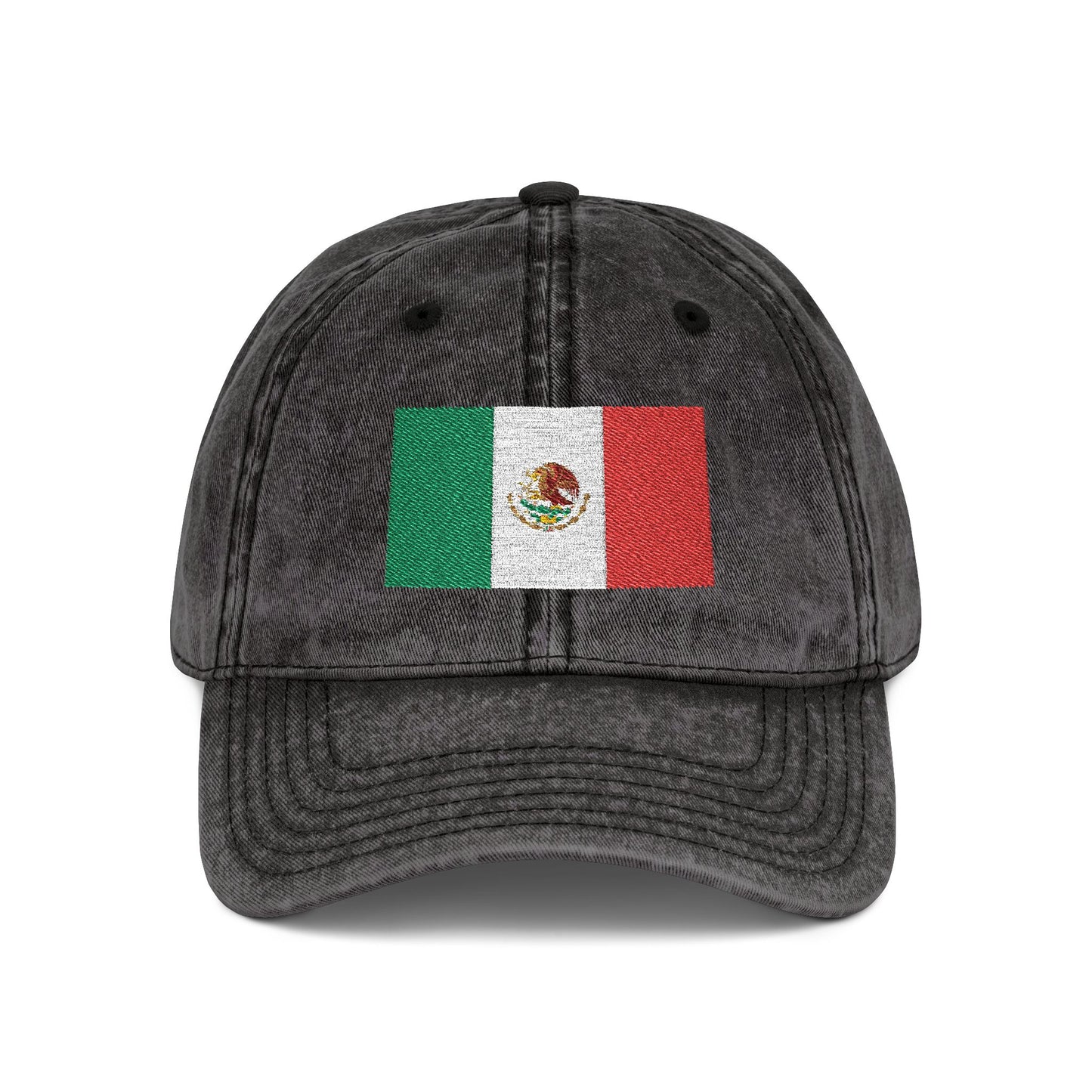 Vintage Mexican Flag Embroidered Cap — Distressed Gray Baseball Hat Hats Printify One size Black