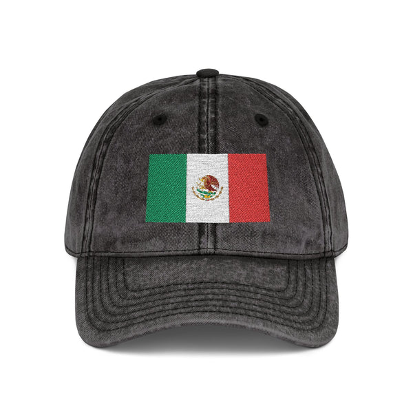 Vintage Mexican Flag Embroidered Cap — Distressed Gray Baseball Hat Hats Printify One size Black