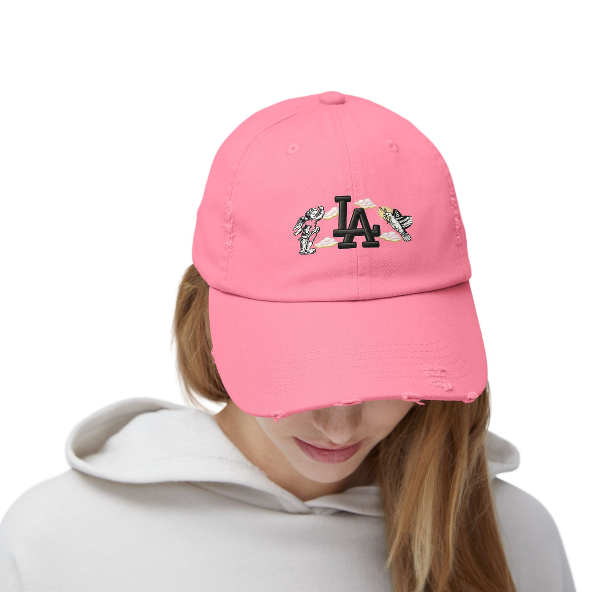 Distressed Baseball Cap — LA Logo with Angel Wings & Clouds