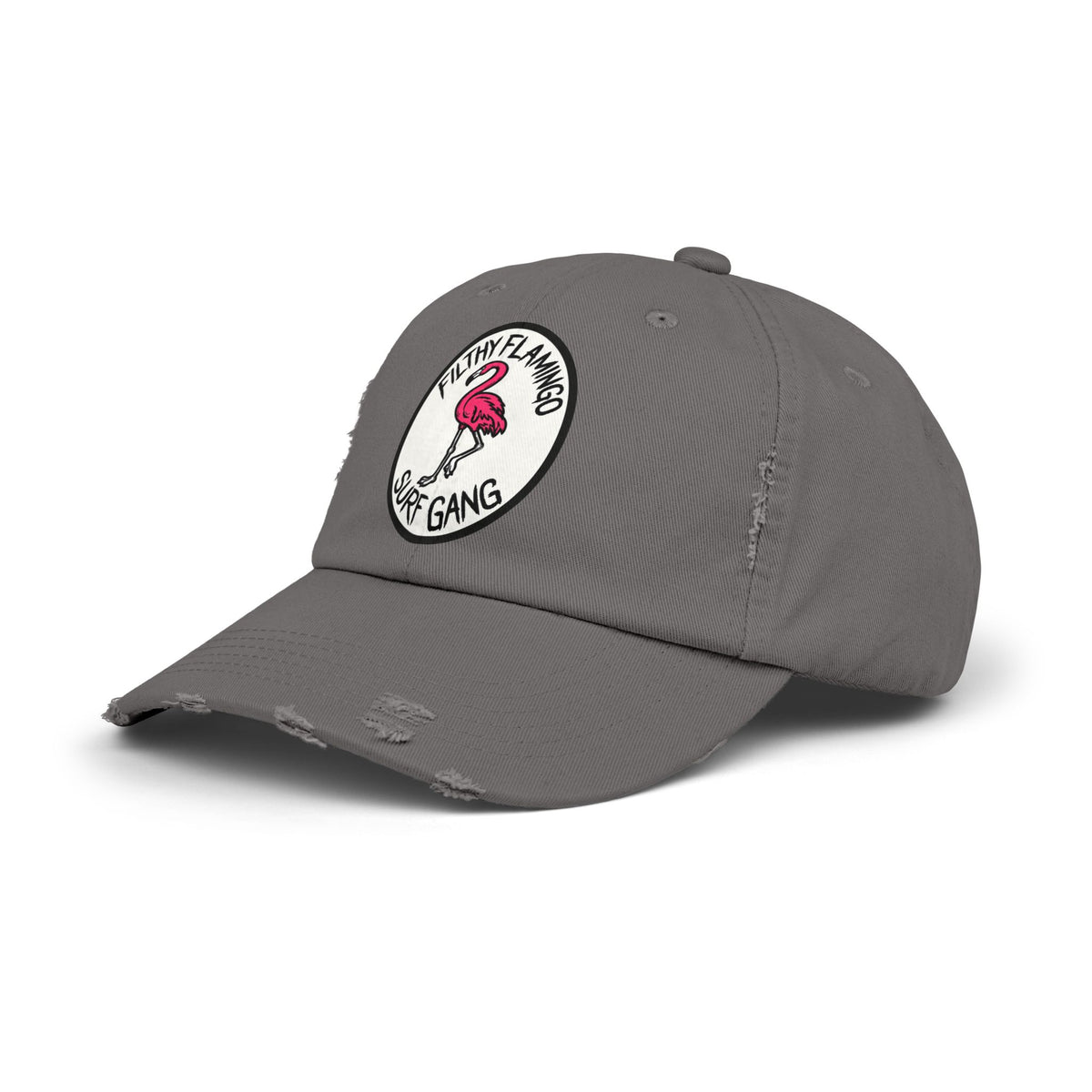 Distressed Surf Cap — "Filthy Flamingo Surf Gang" Embroidered Patch Hat
