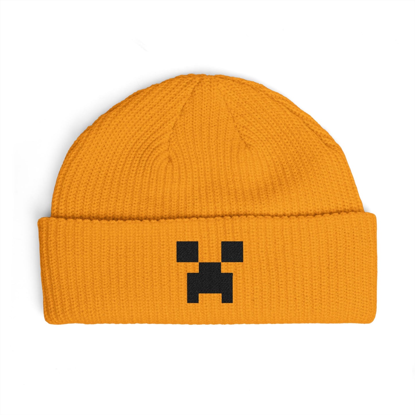 Pixel Creeper Face Cuff Beanie | Gaming Minecraft Inspired Knit Hat Hats Printify One size Gold