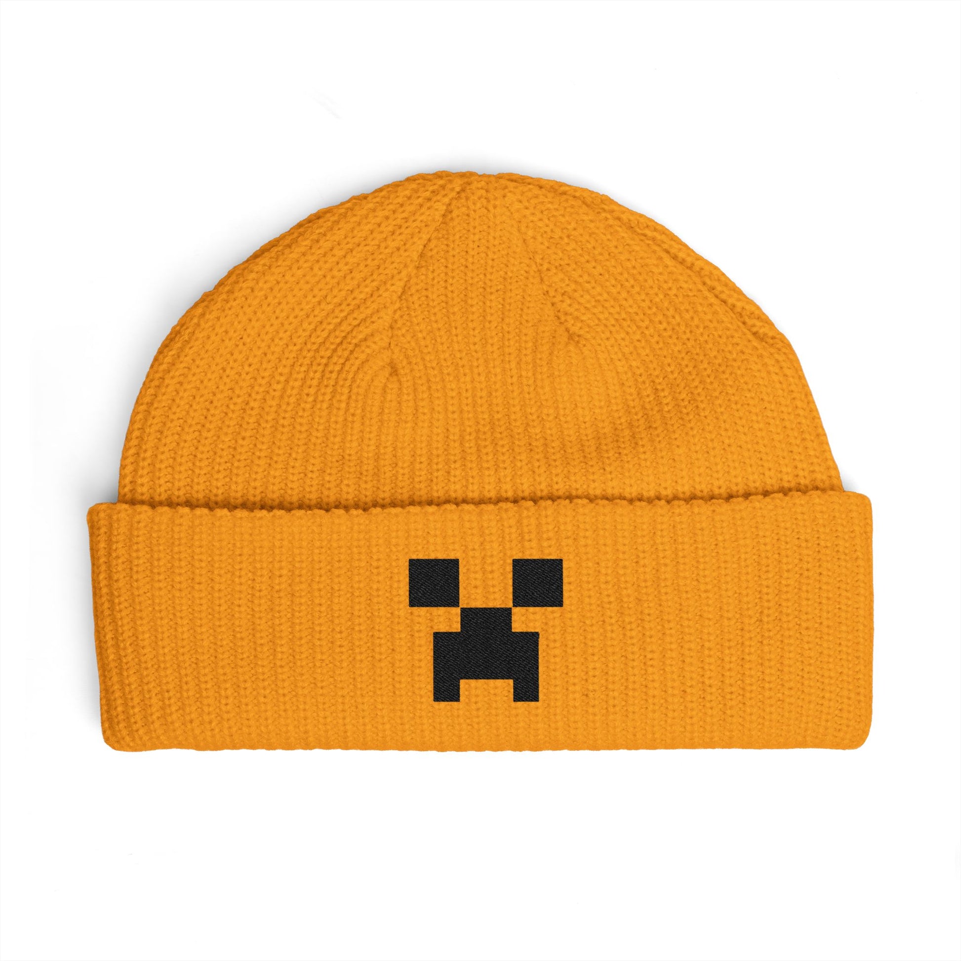 Pixel Creeper Face Cuff Beanie | Gaming Minecraft Inspired Knit Hat Hats Printify One size Gold