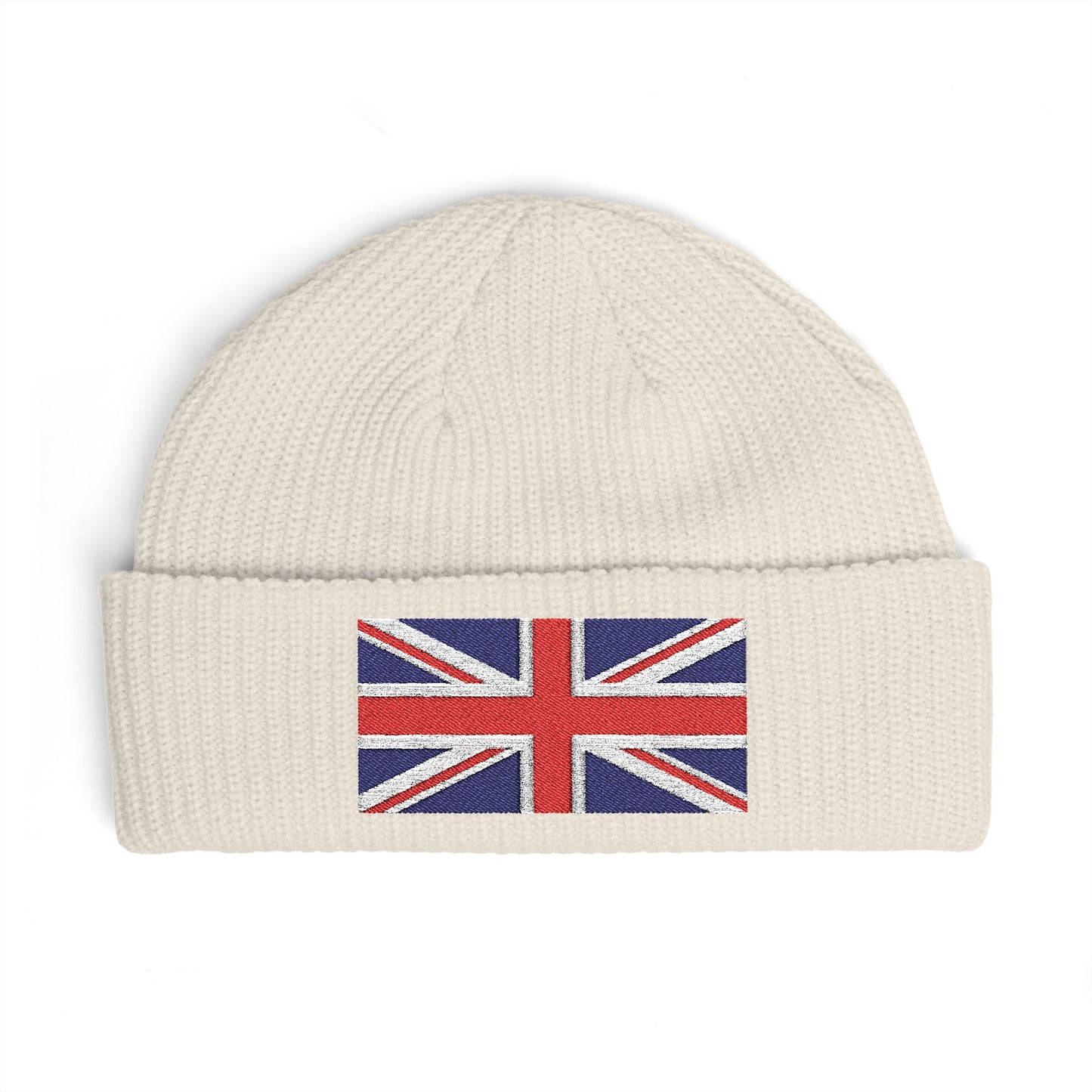 Cuff Beanie — Embroidered Union Jack Knit Hat Hats Printify One size Ecru