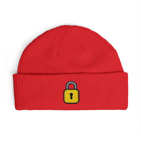 Embroidered Lock Cuff Beanie – Secure Padlock Knit Hat