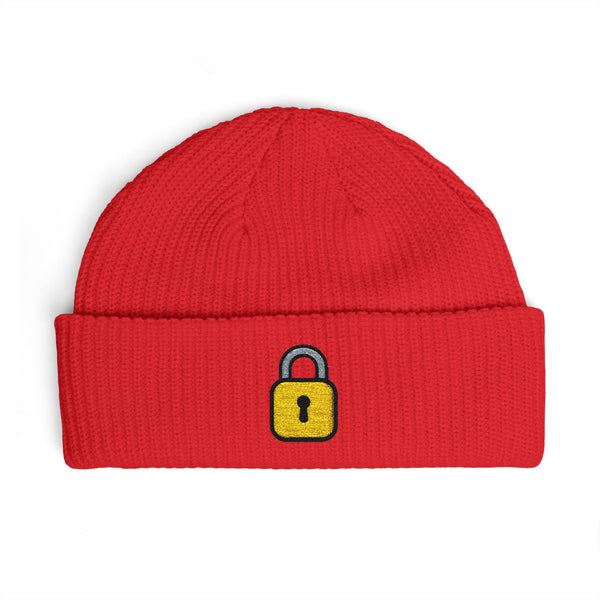 Embroidered Lock Cuff Beanie – Secure Padlock Knit Hat Hats Printify One size Red