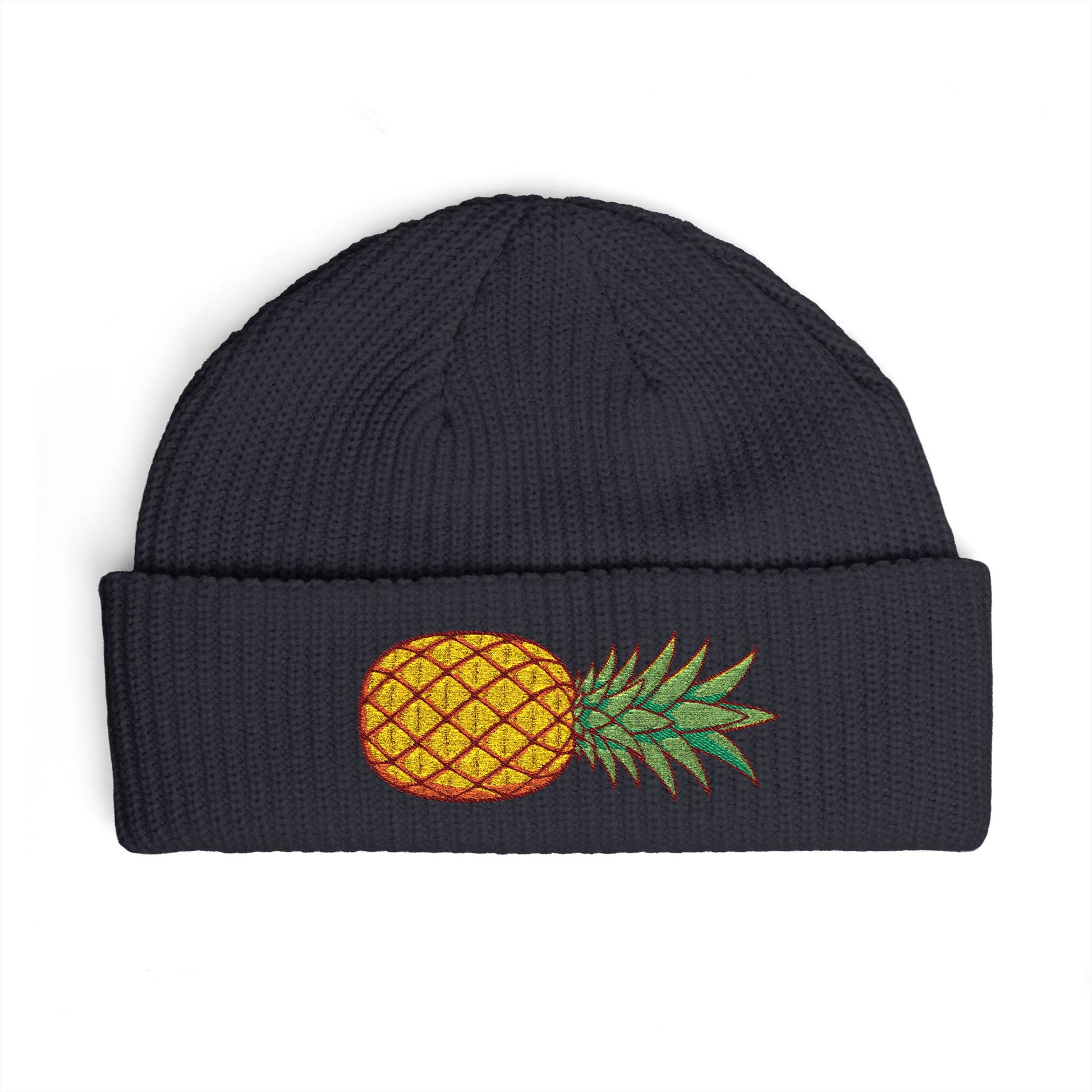 Pineapple Embroidered Cuff Beanie – Tropical Knit Winter Hat Hats Printify One size Navy