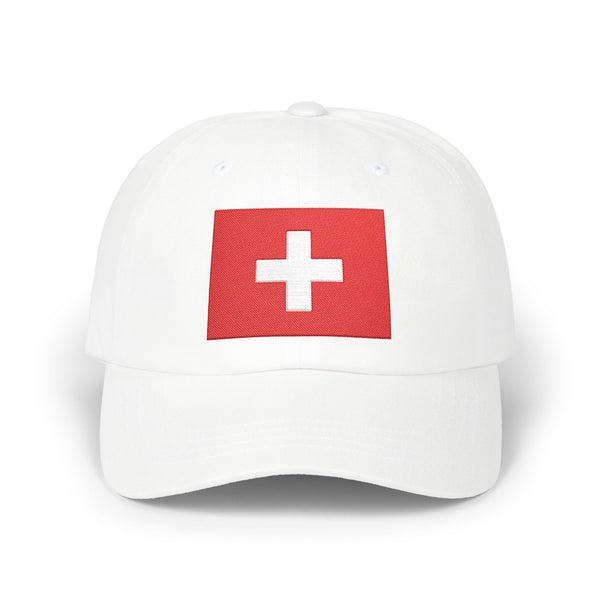 Dad Cap with Swiss Flag Embroidered Patch — Classic White Adjustable Hat Hats Printify White One size