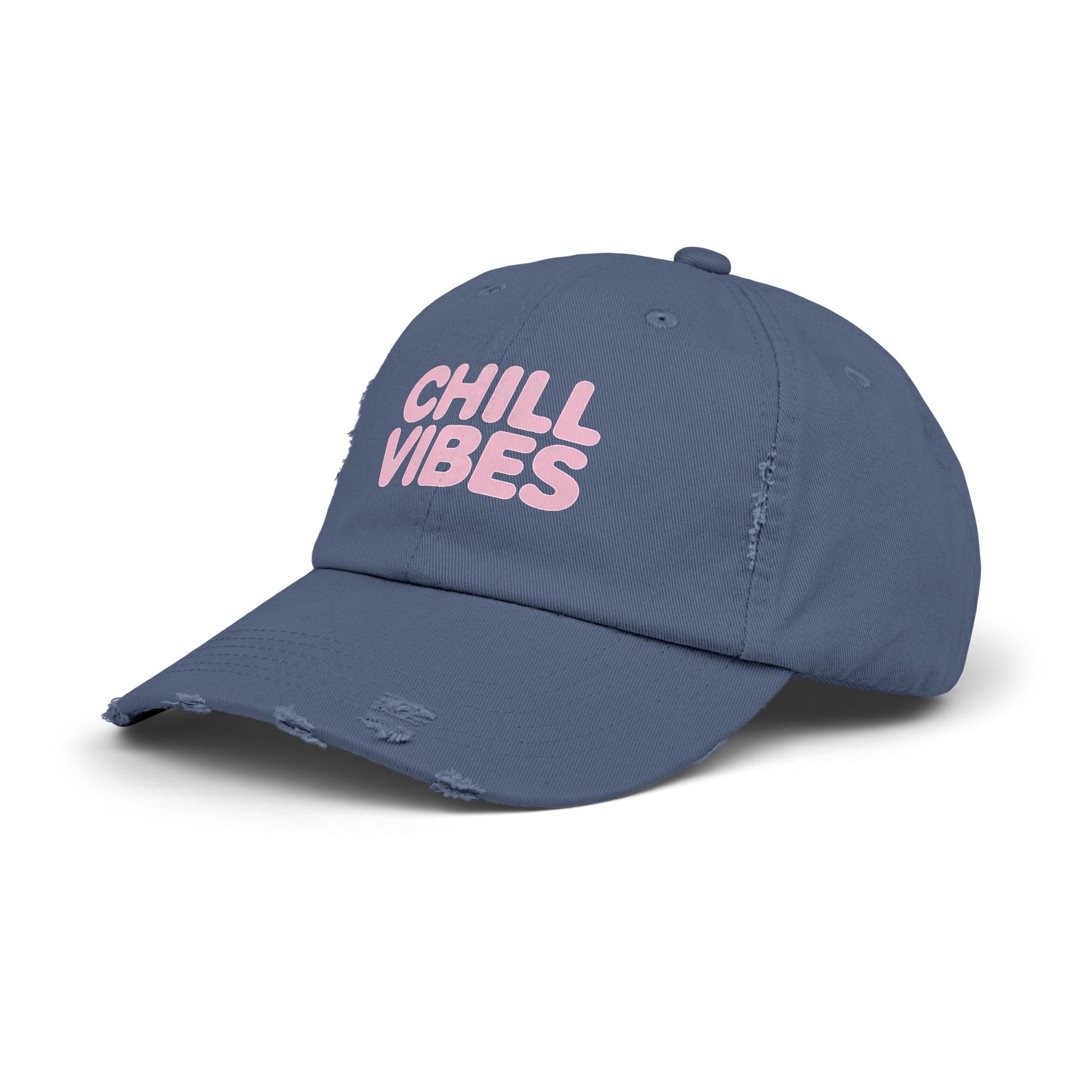 Chill Vibes Distressed Cap — Pink Text Casual Baseball Hat Hats Printify