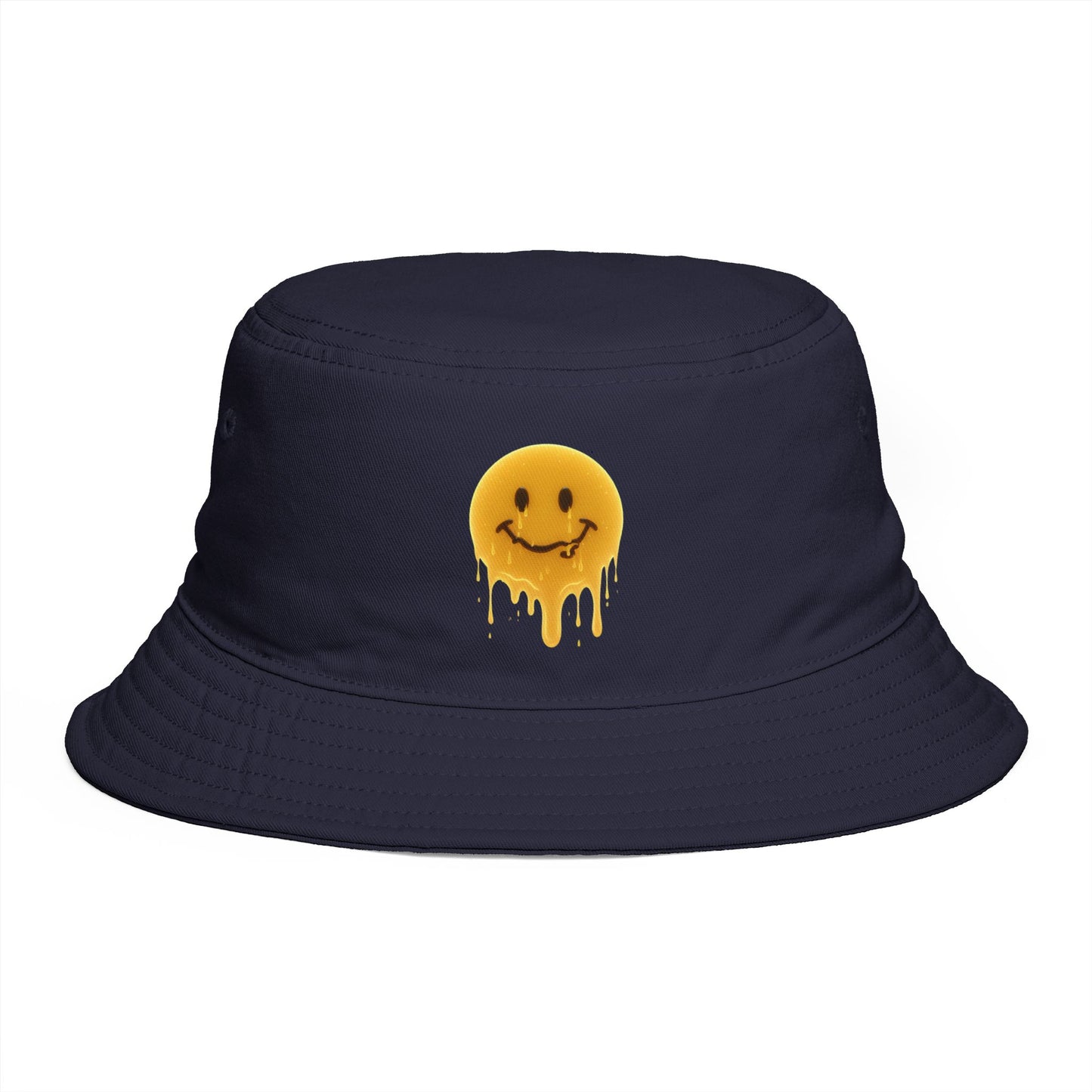 Smiley Drip Bucket Hat — Retro Melted Smile Face Sun Hat Hats Printify One size Navy