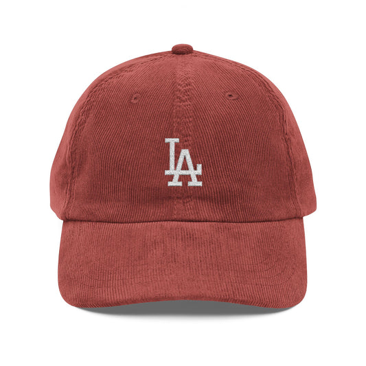 Corduroy Baseball Cap - Vintage Embroidered "LA" Logo Hats Printify Burgundy One size