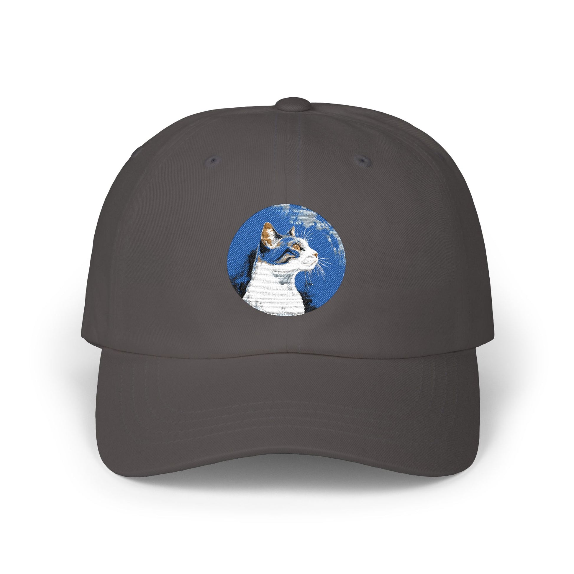 Dad Cap – White Embroidered Dog in Snow Patch Hat Hats Printify Dark Grey One size