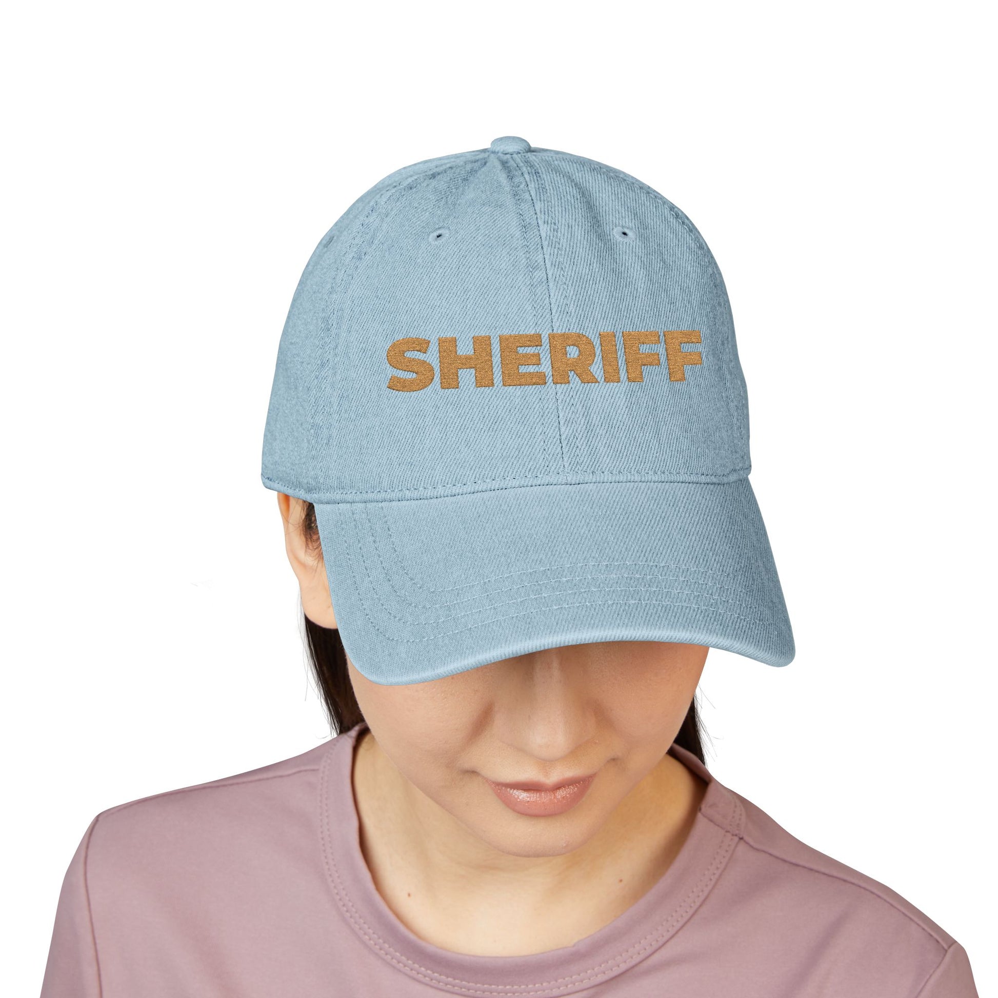 Embroidered 'SHRIFF' Denim Hat — Retro Floral Lettering Baseball Cap Hats Printify