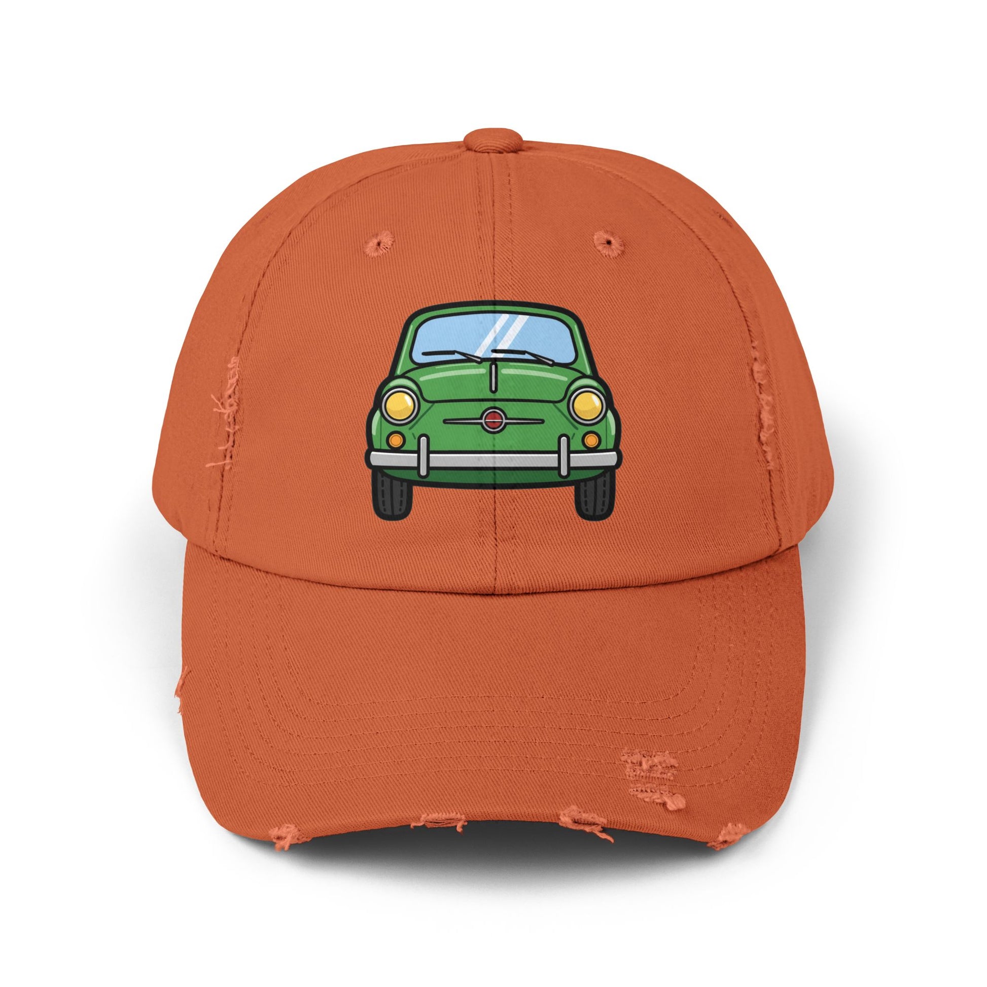 Distressed Cap — Retro Green Car Graphic Hat Hats Printify Burnt Orange One size