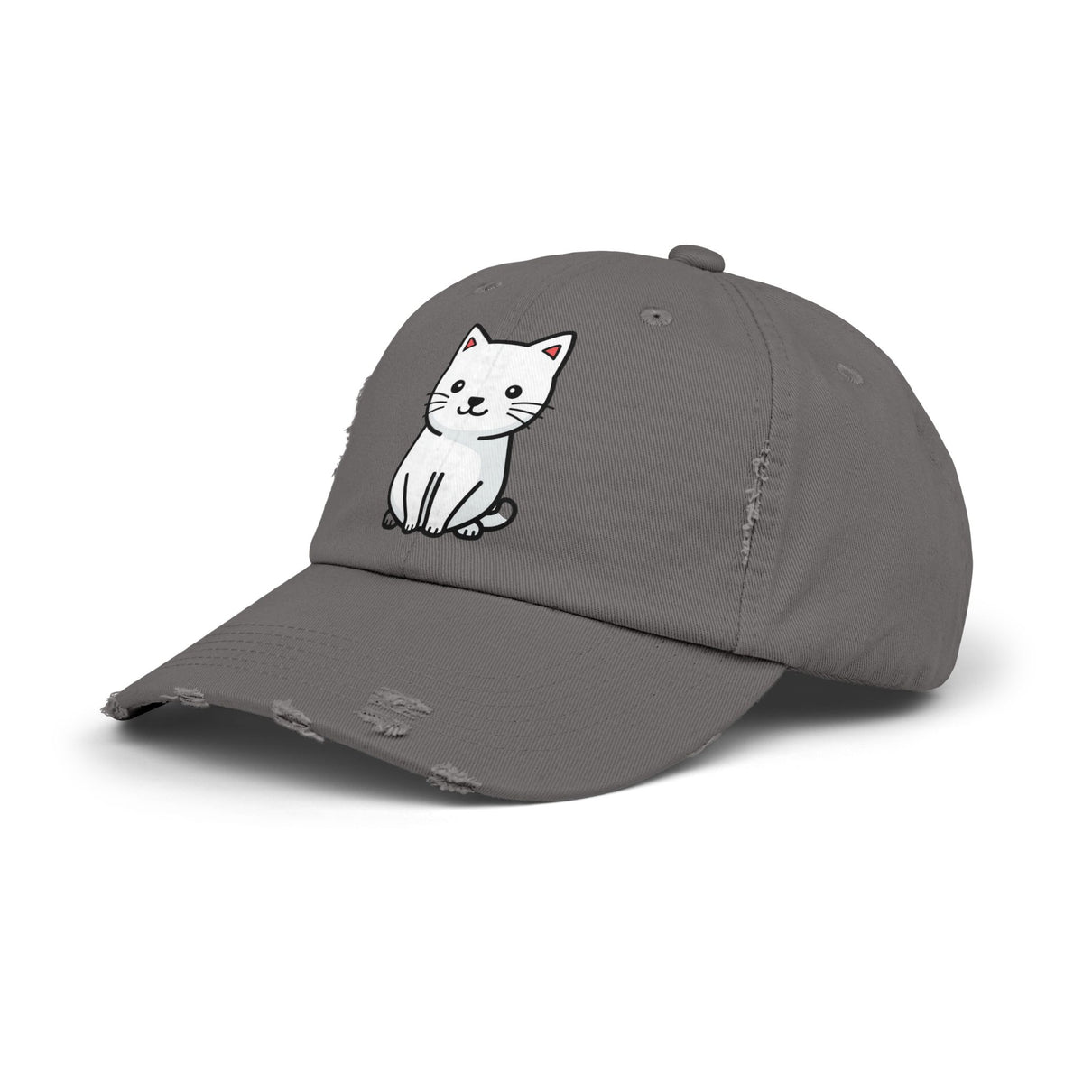 Distressed Black Cap with Cute White Cat Graphic Hats Printify