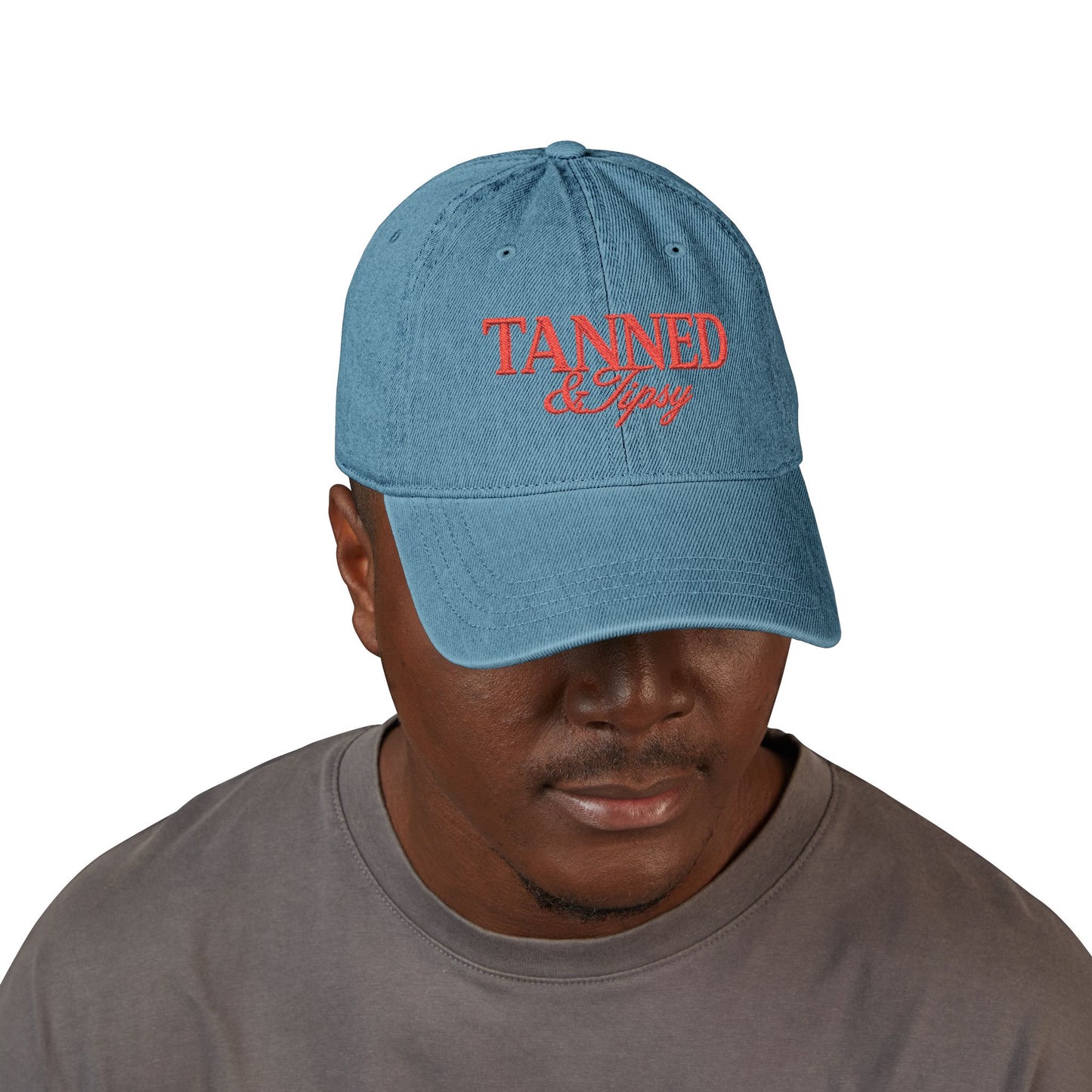 Tanned & Tipsy Embroidered Hat — Casual Denim Cap for Beach Days & Vacations
