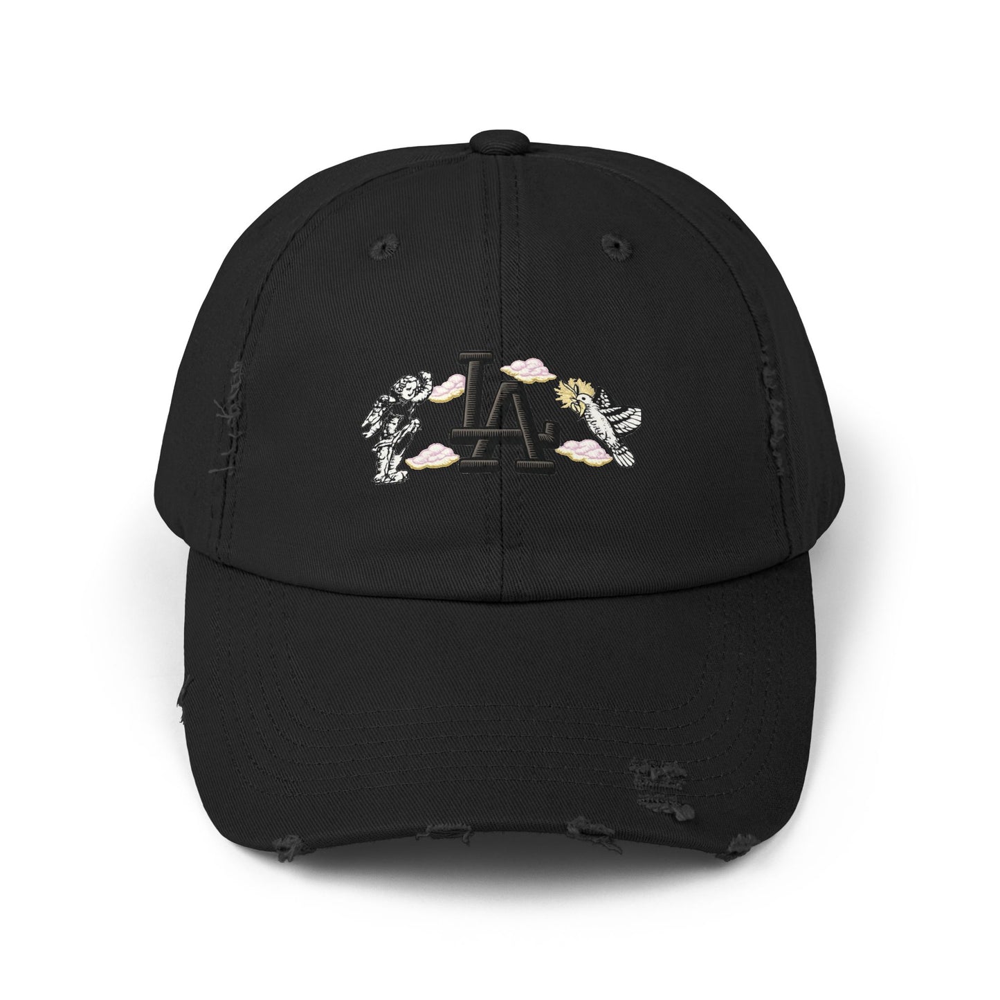 Distressed Baseball Cap — LA Logo with Angel Wings & Clouds Hats Printify Black One size