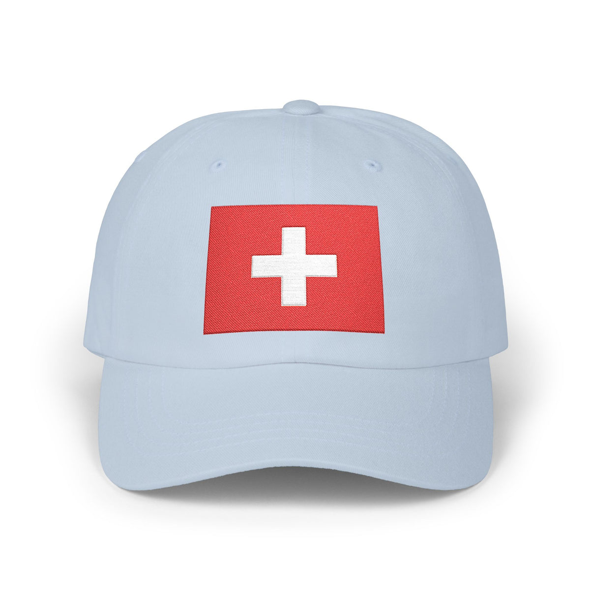 Dad Cap with Swiss Flag Embroidered Patch — Classic White Adjustable Hat Hats Printify Light Blue One size