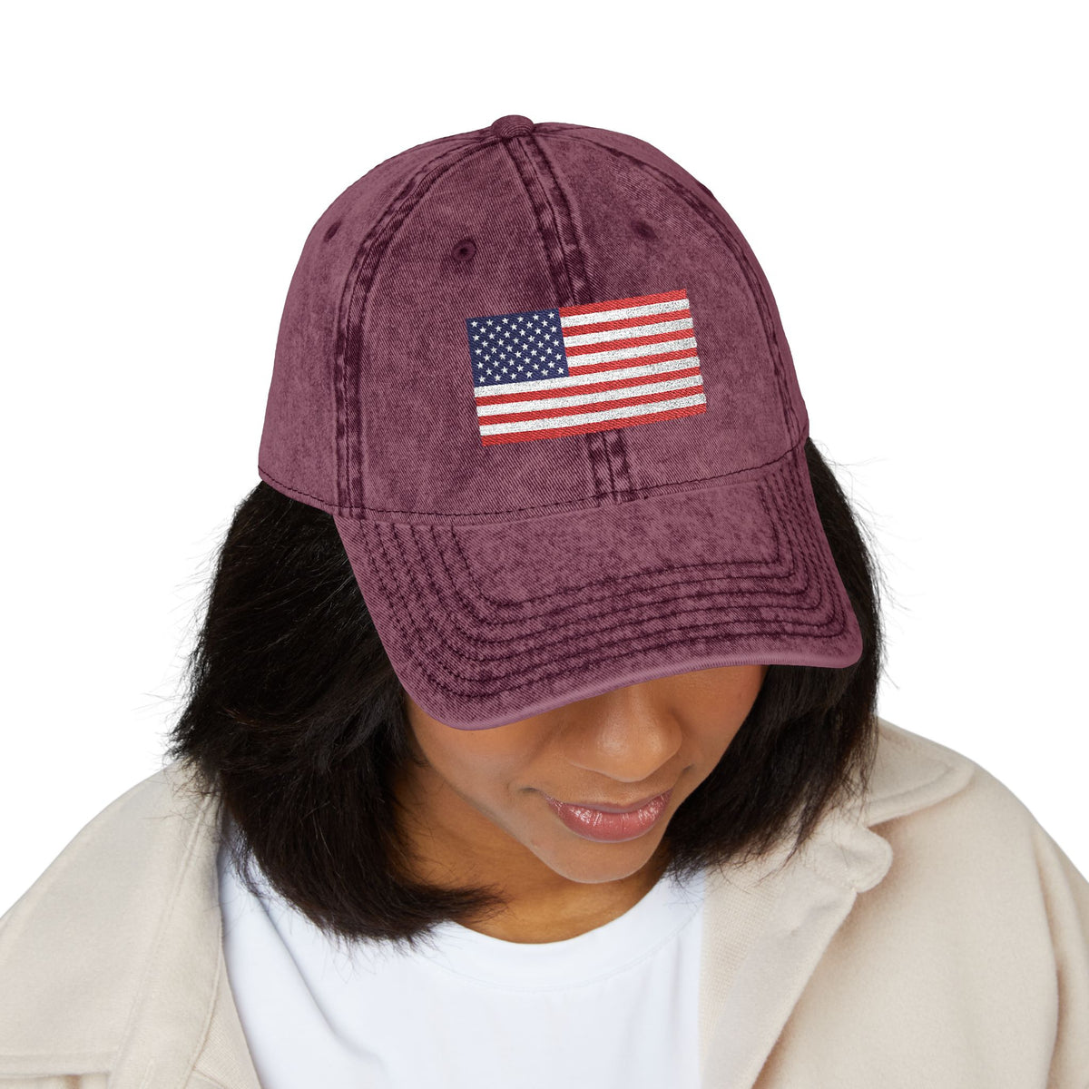 Vintage Washed Dad Hat with Embroidered American Flag — Patriotic Cap for 4th of July & Everyday Wear Hats Printify