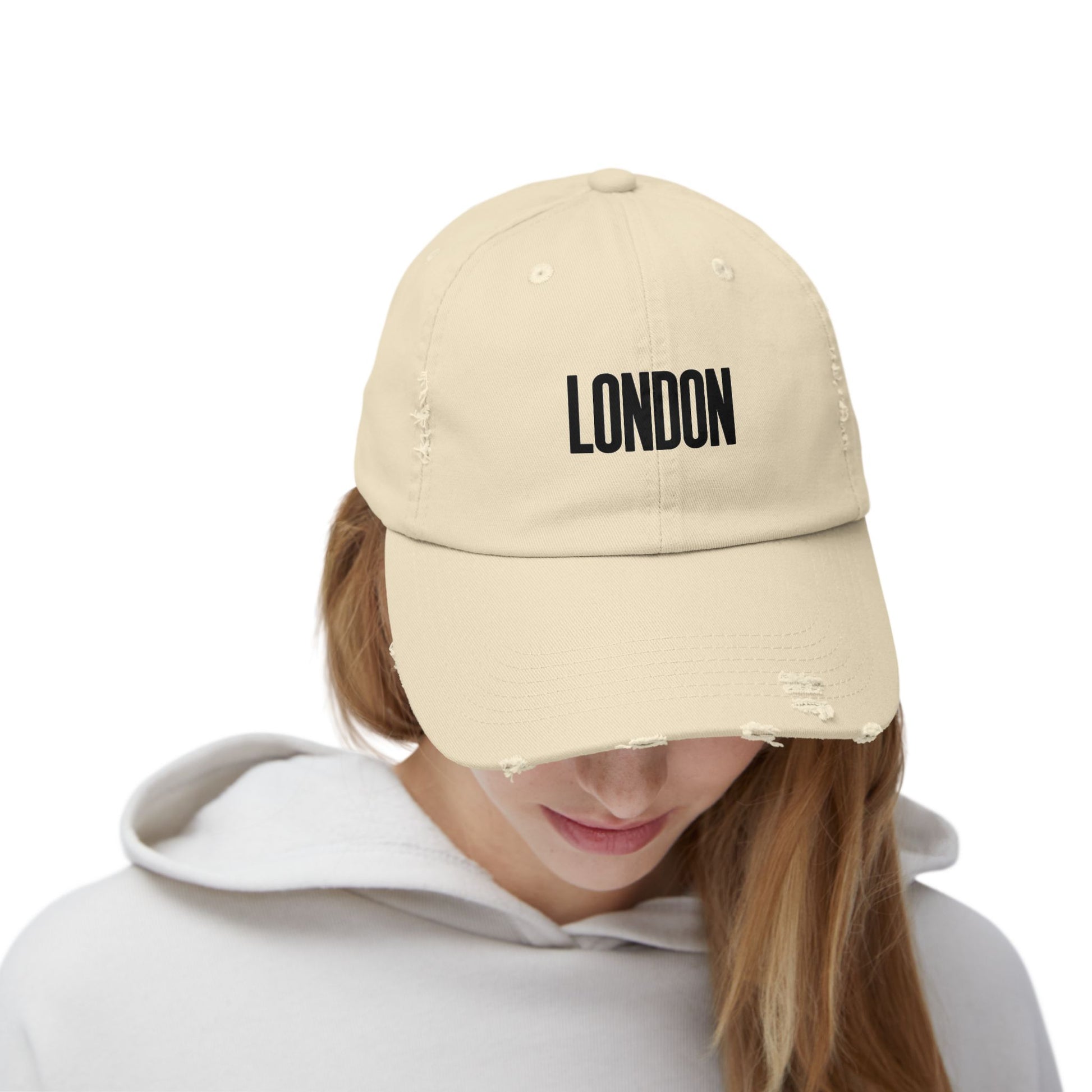 Distressed London Baseball Cap — Vintage Black Embroidered Hat Hats Printify