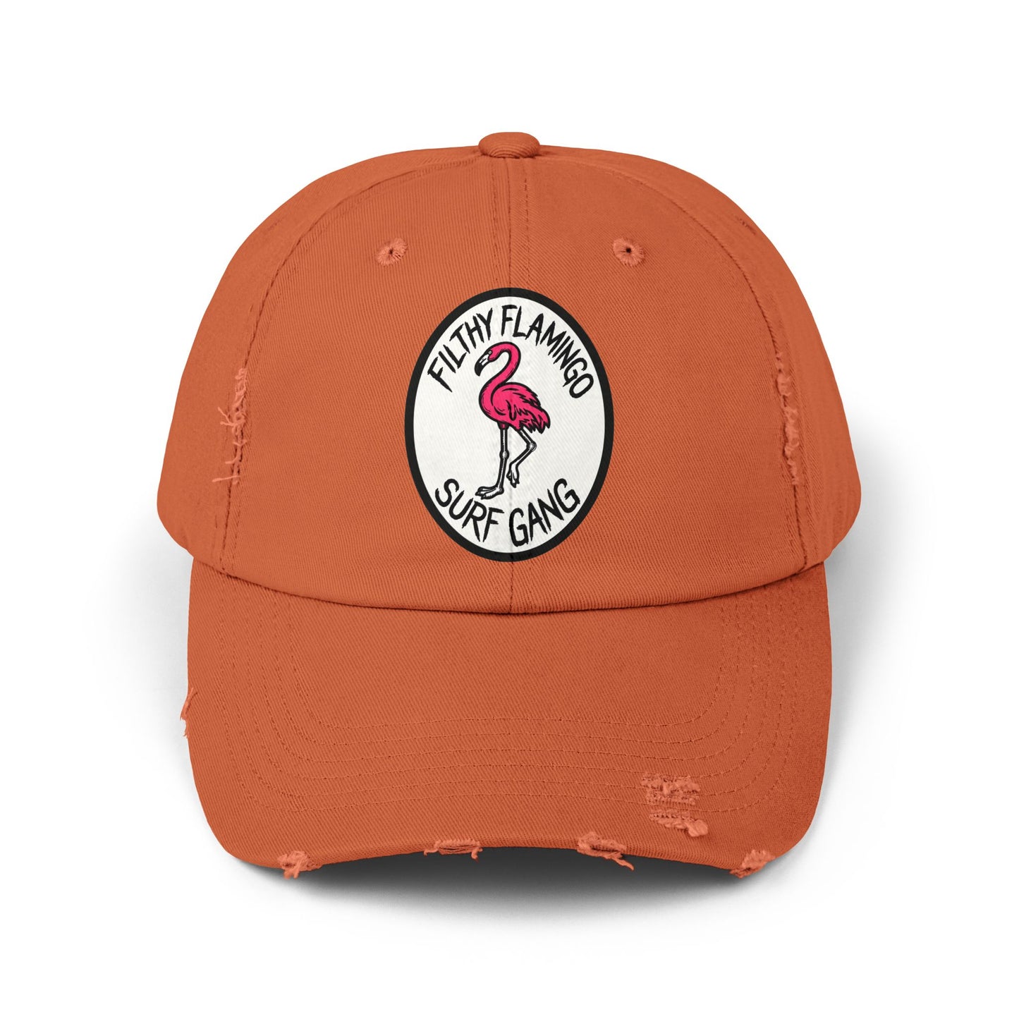 Distressed Surf Cap — "Filthy Flamingo Surf Gang" Embroidered Patch Hat Hats Printify Burnt Orange One size
