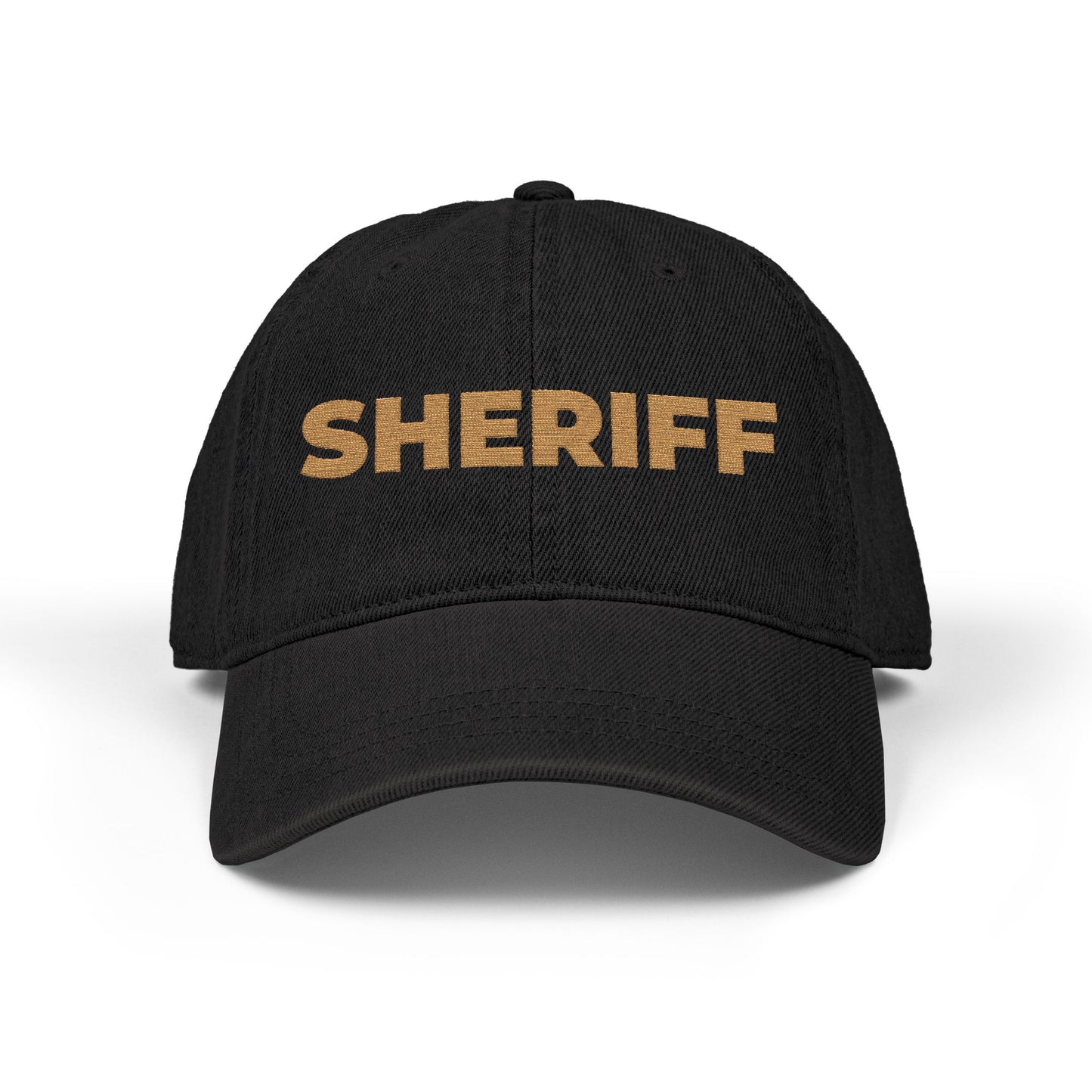 Embroidered 'SHRIFF' Denim Hat — Retro Floral Lettering Baseball Cap Hats Printify One size Black