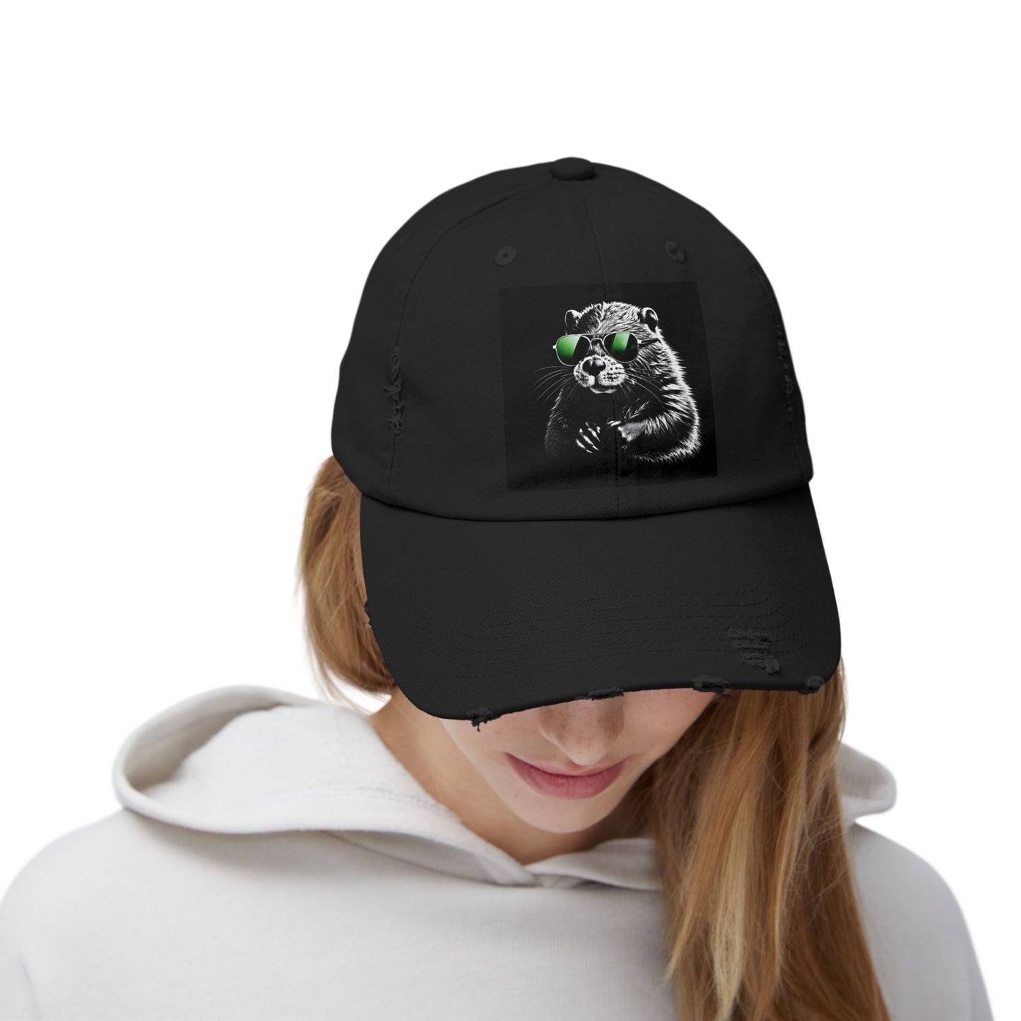Distressed Cap — Cool Raccoon with Green Sunglasses Hat