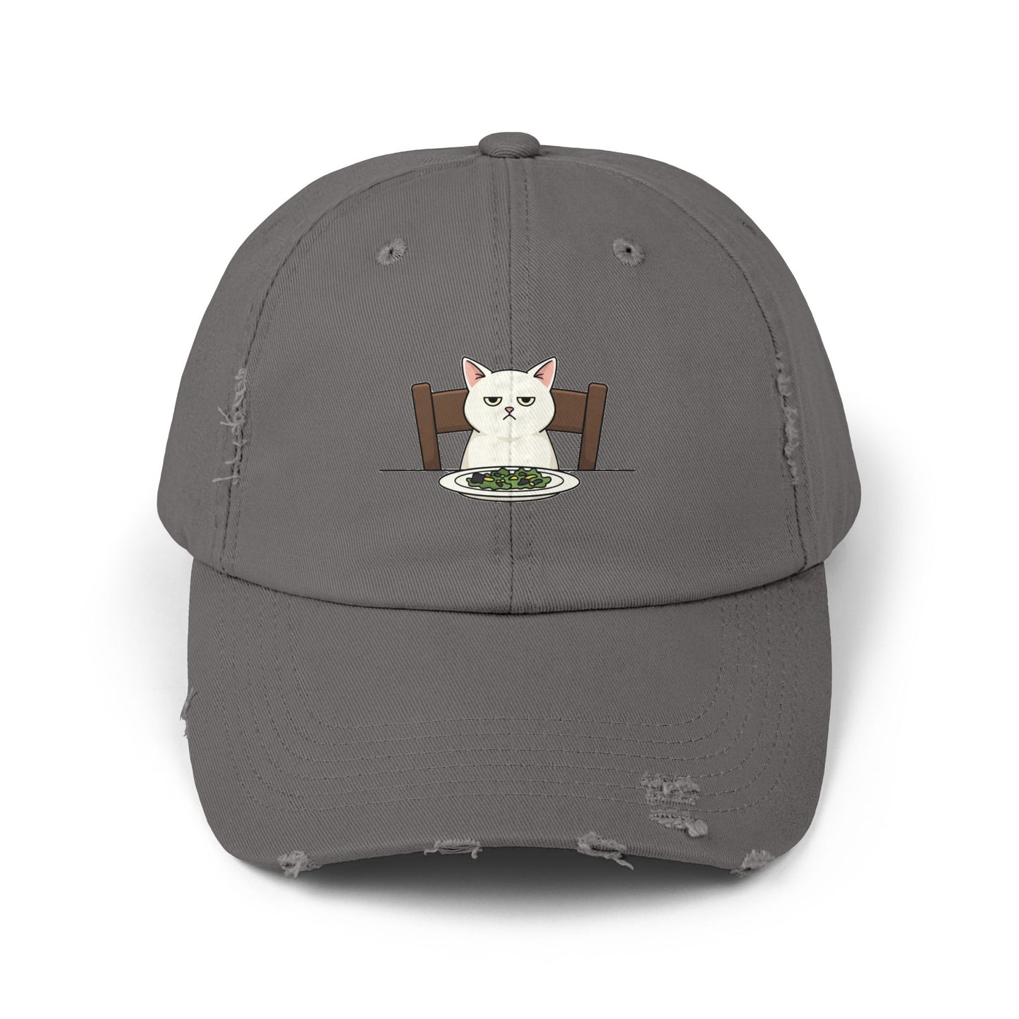 Distressed Cat At Dinner Cap — Cute White Cat Sitting at Table Baseball Hat Hats Printify Nickel One size
