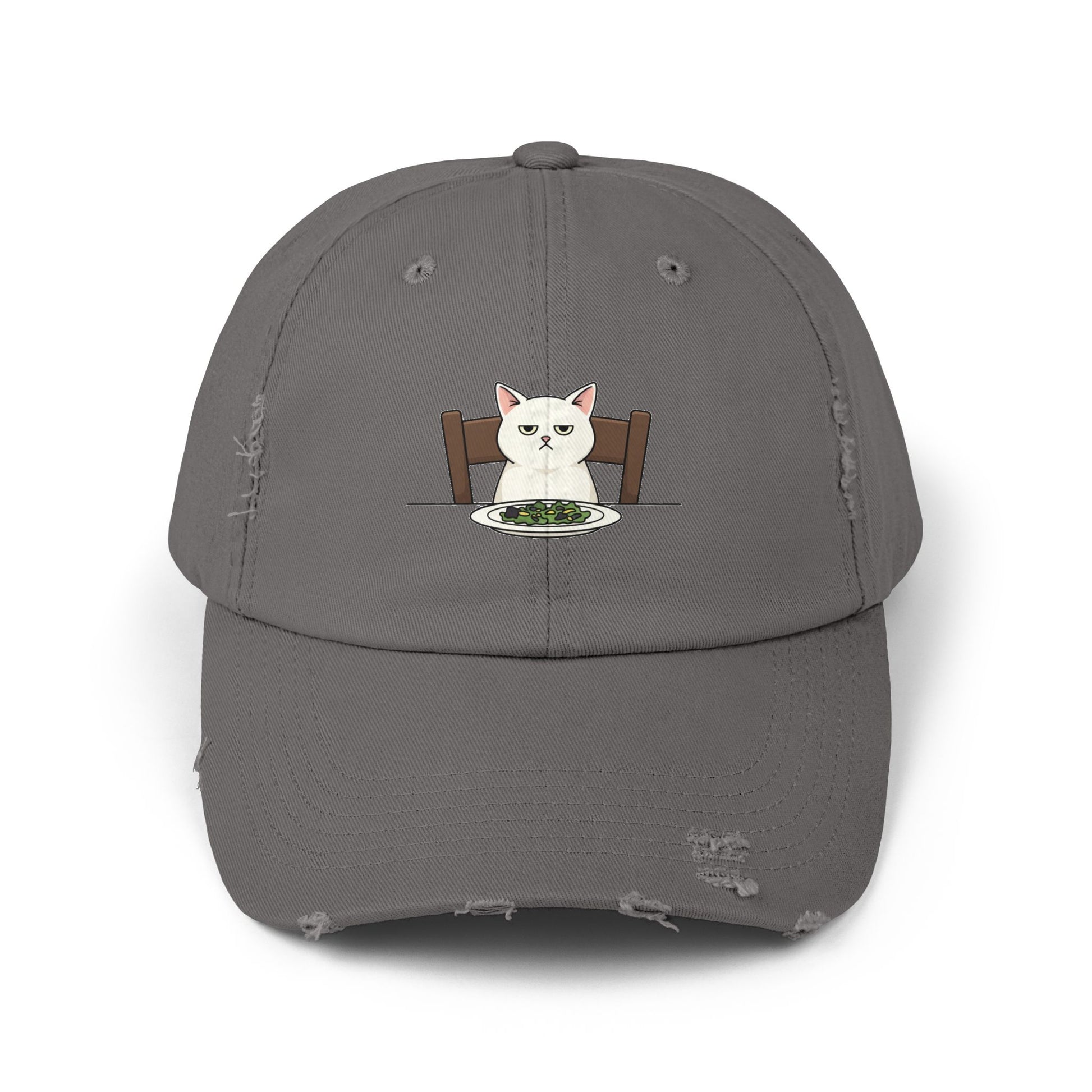 Distressed Cat At Dinner Cap — Cute White Cat Sitting at Table Baseball Hat Hats Printify Nickel One size